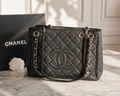 Authentic Chanel Grand Shopping Tote GST Black Caviar Leather Silver Hardware Made in Italy