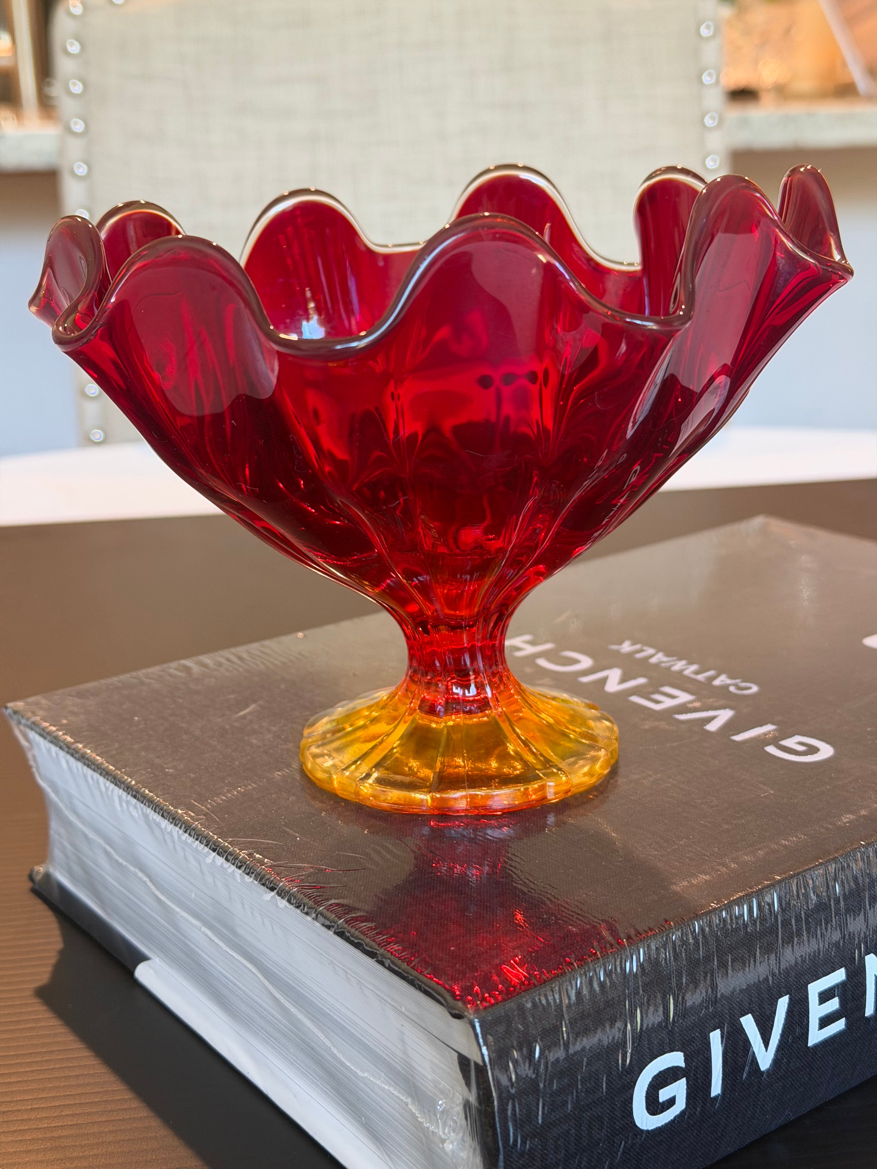 Ruby Red & Amber Art Glass Pedestal Bowl Compote Vintage