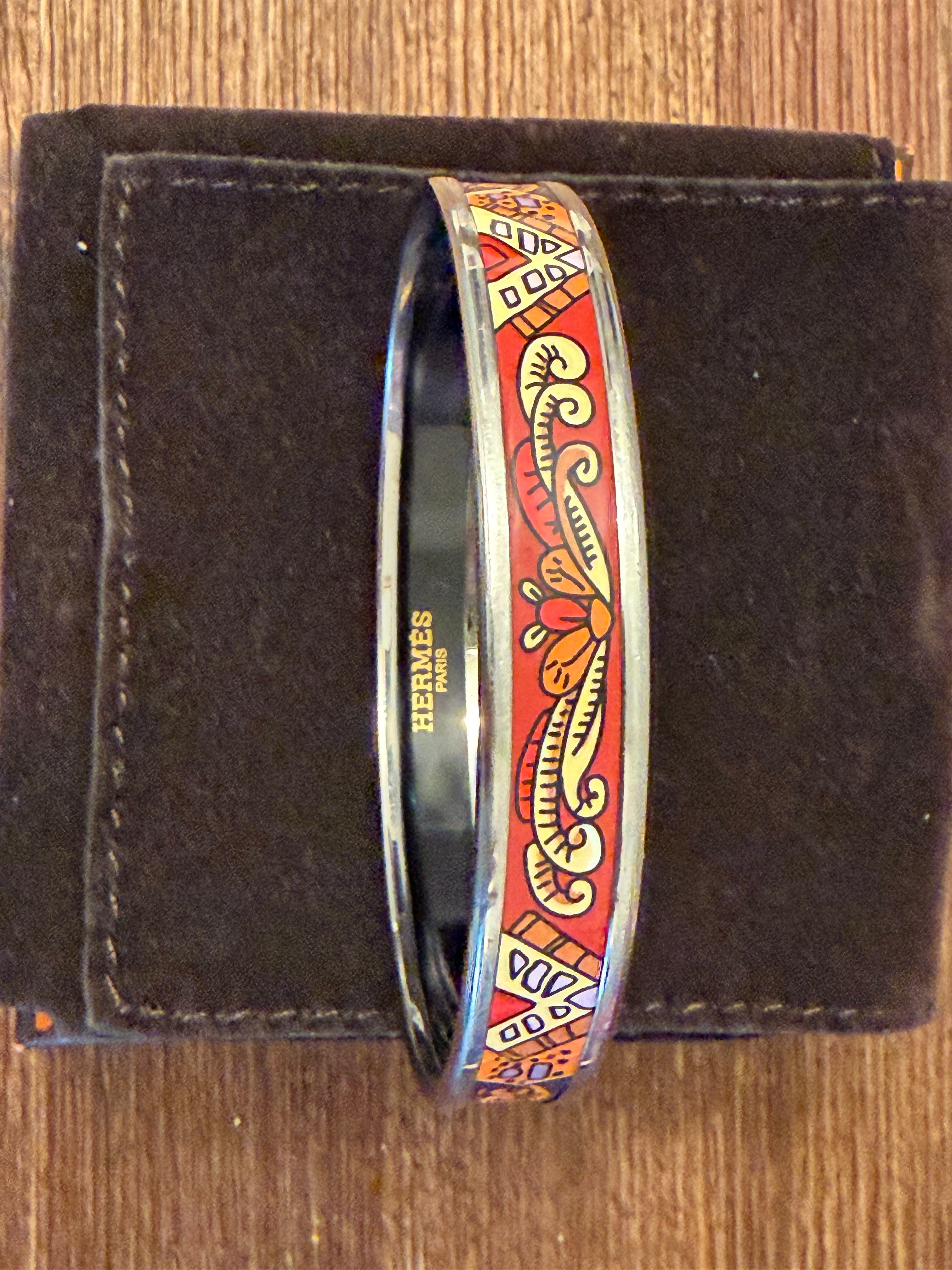 Hermès Enamel Bangle Bracelet Multicolor Equestrian Print Palladium Tone