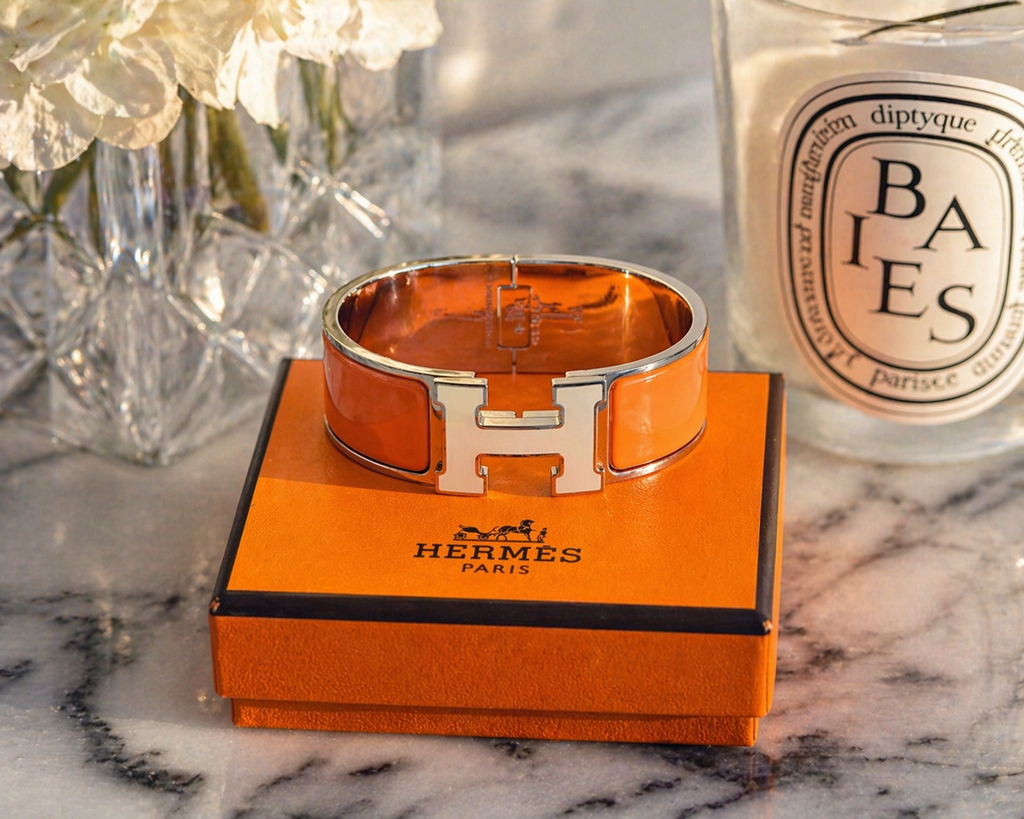Hermès Clic Clac H Bracelet PM Orange Enamel Palladium Plated with Box