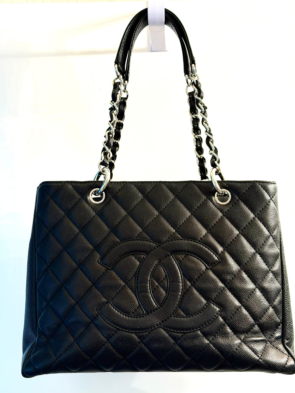 Authentic Chanel Grand Shopping Tote GST Black Caviar Leather Silver Hardware Made in Italy