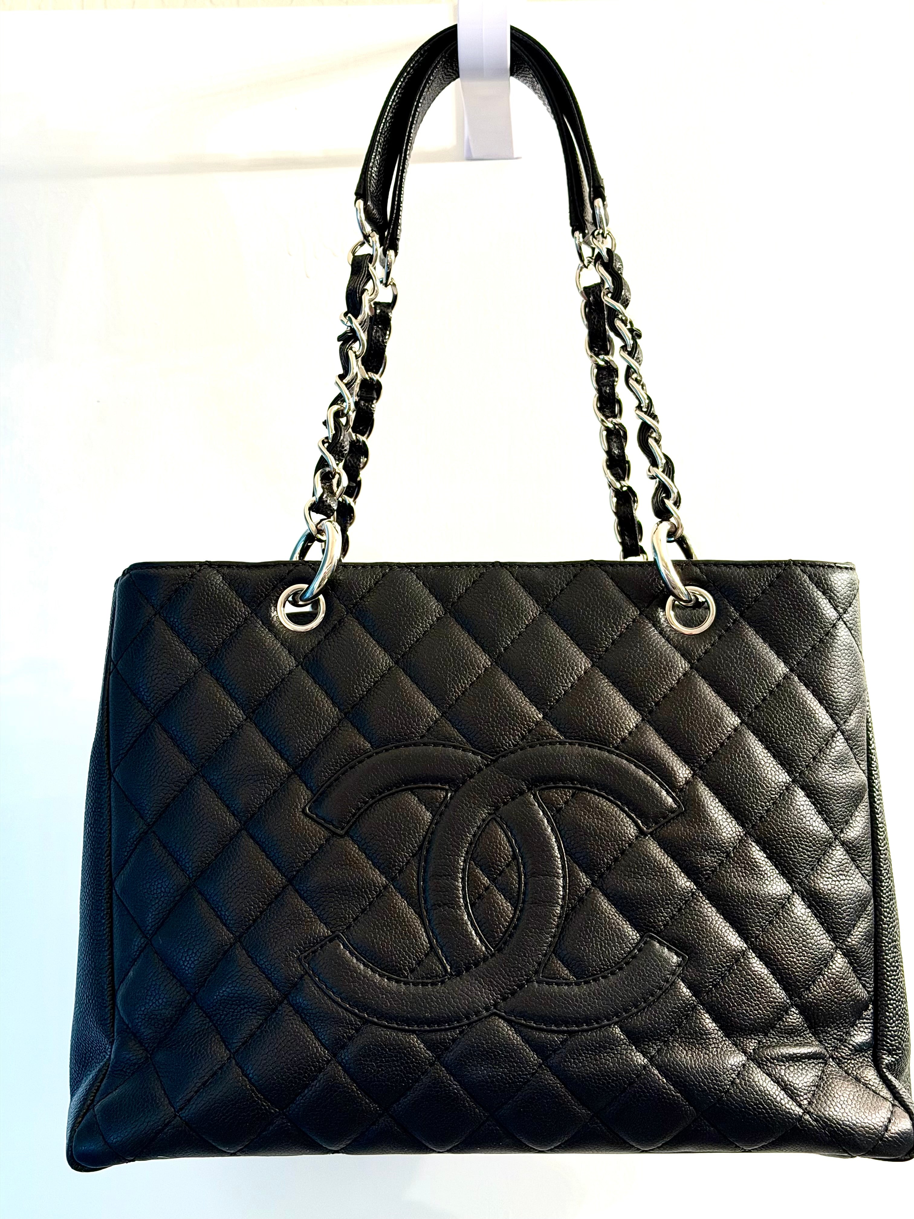 Authentic Chanel Grand Shopping Tote GST Black Caviar Leather Silver Hardware Made in Italy