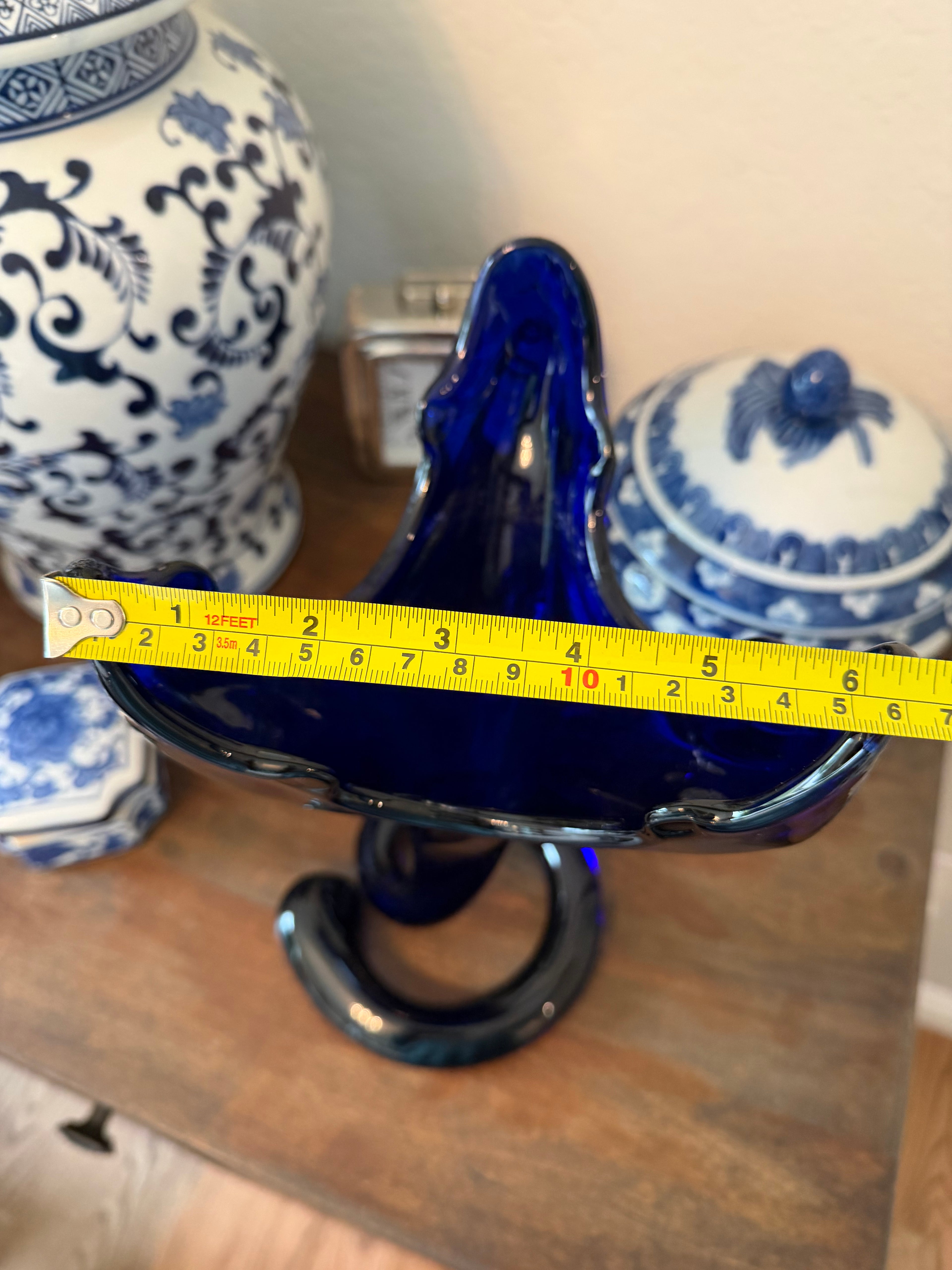 Cobalt Blue Art Glass Freeform Vase Sculpture 13” Hand Blown Modern Decor