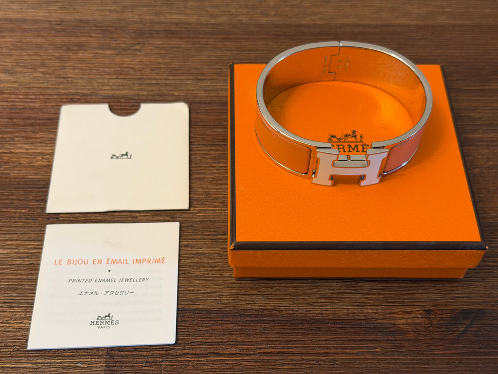 Hermès Clic Clac H Bracelet PM Orange Enamel Palladium Plated with Box