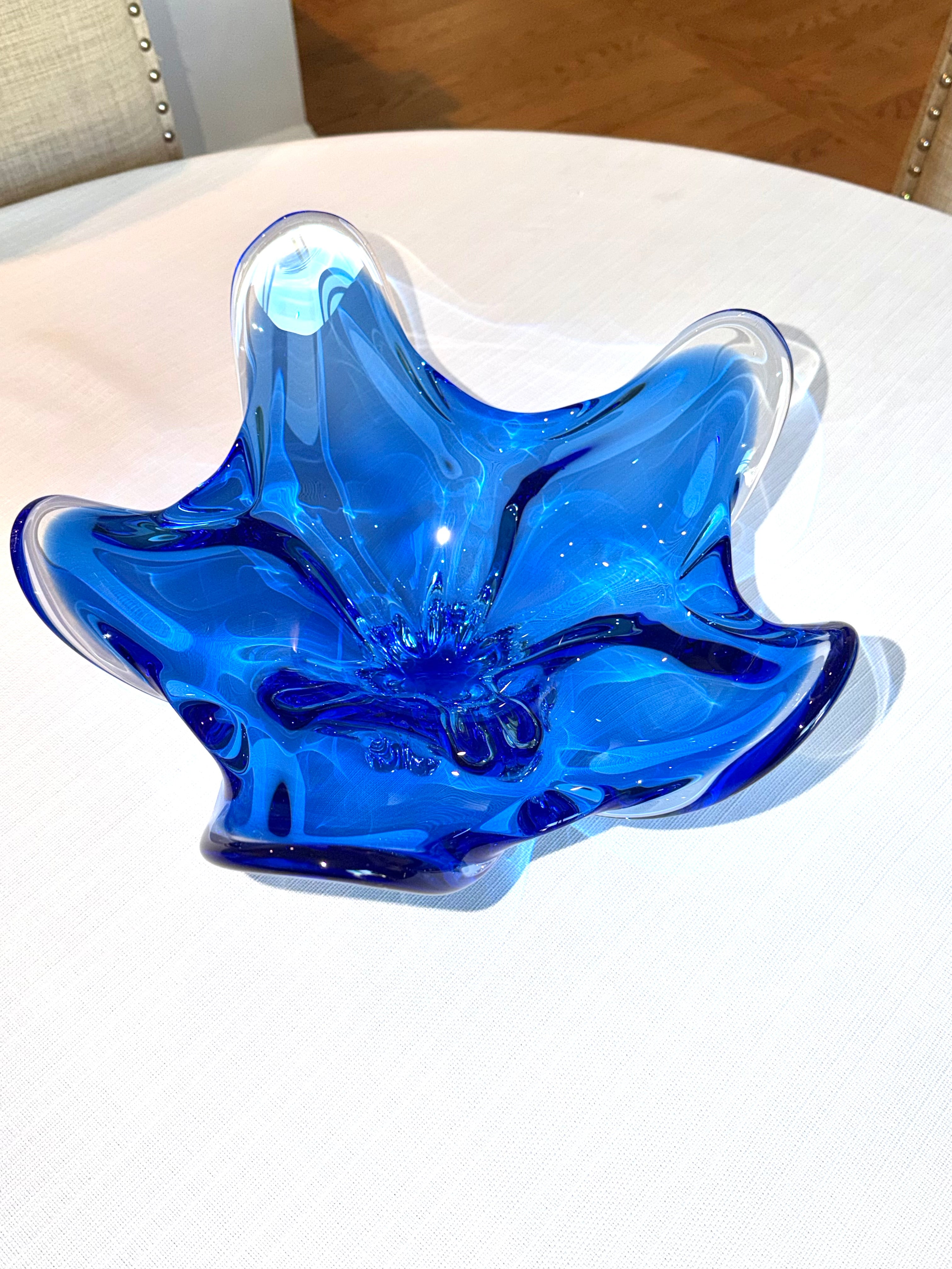 Italian Murano Style Cobalt Blue Freeform Art Glass Centerpiece Bowl, 14” Vintage