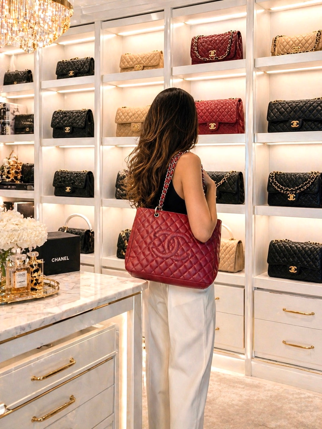 Chanel Red Quilted Caviar Leather Tote Bag with Chain Handles, Made in Italy