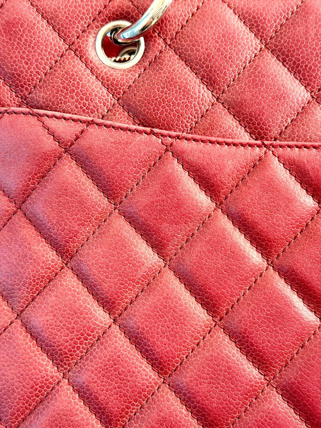 Chanel Red Quilted Caviar Leather Tote Bag with Chain Handles, Made in Italy