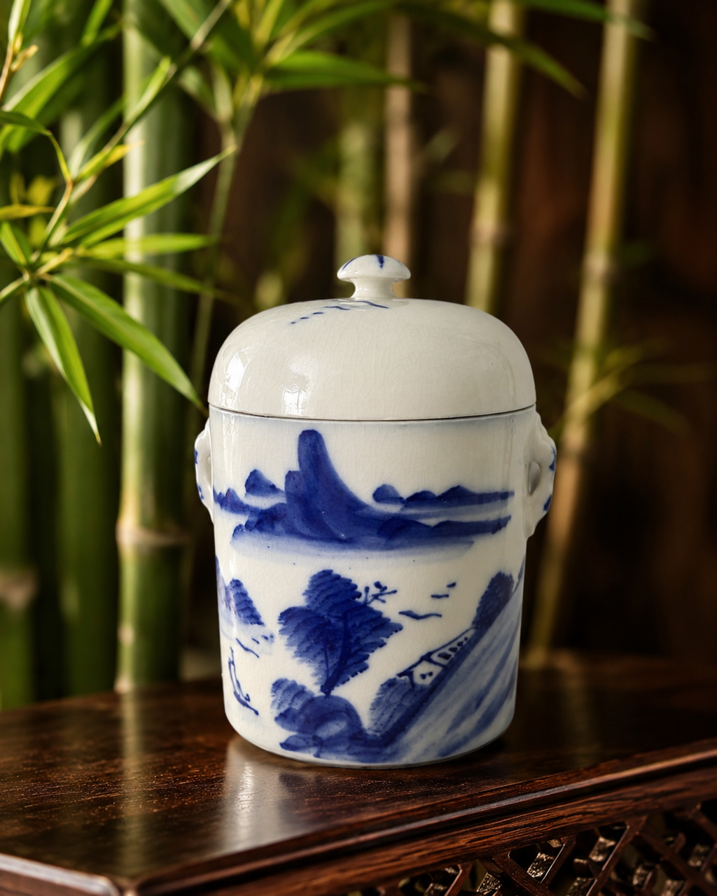 Chinese Blue & White Ceramic Tea Caddy with Landscape Scene & Inner Lid Vintage