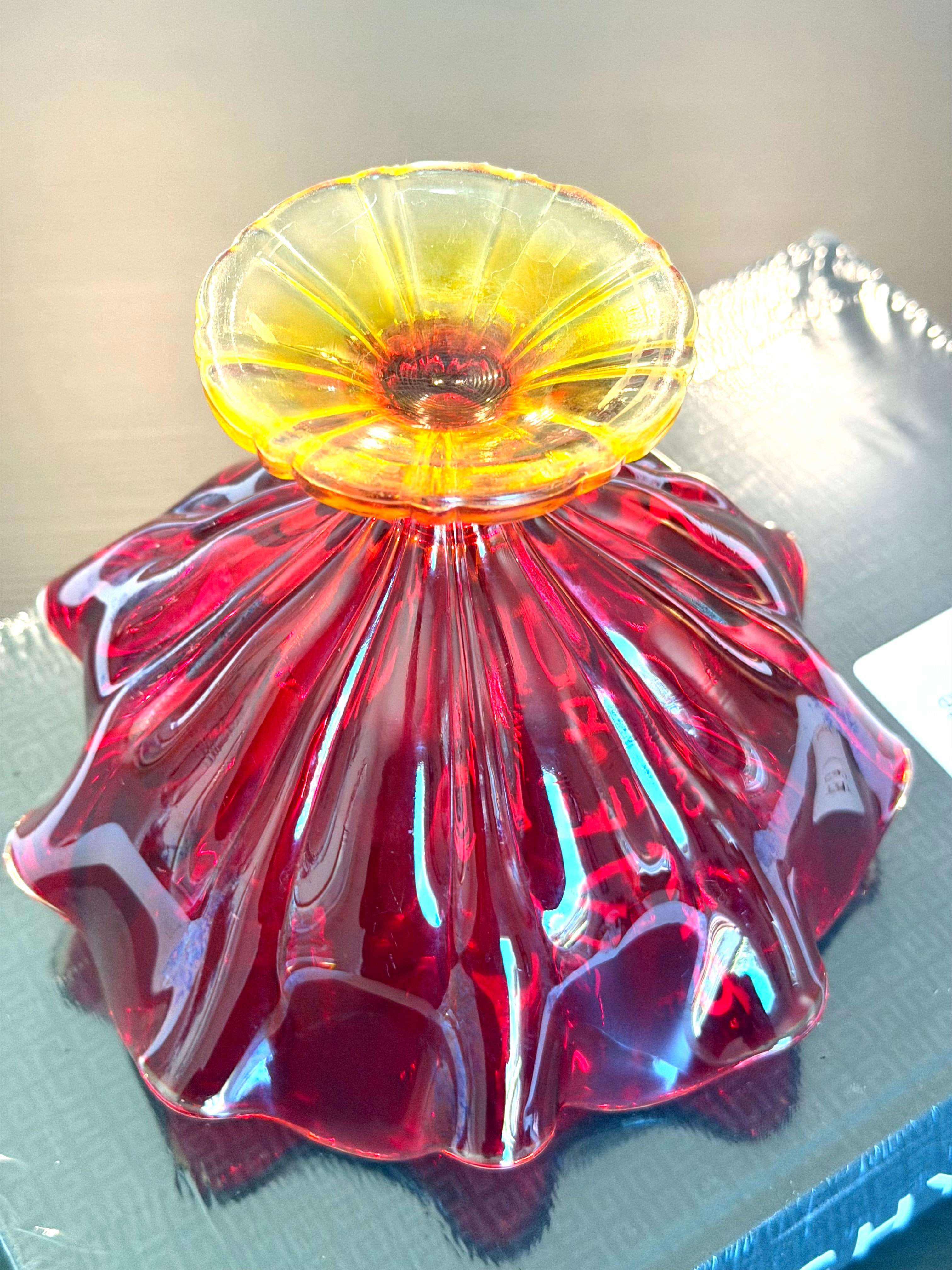 Ruby Red & Amber Art Glass Pedestal Bowl Compote Vintage