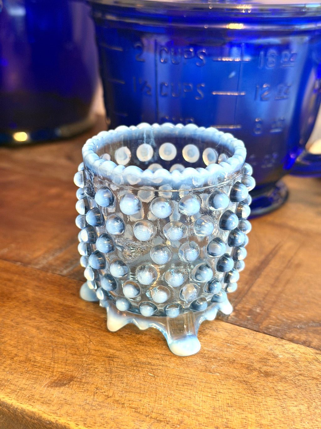 Blue Hobnail Opalescent Toothpick Holder / Mini Vase Vintage