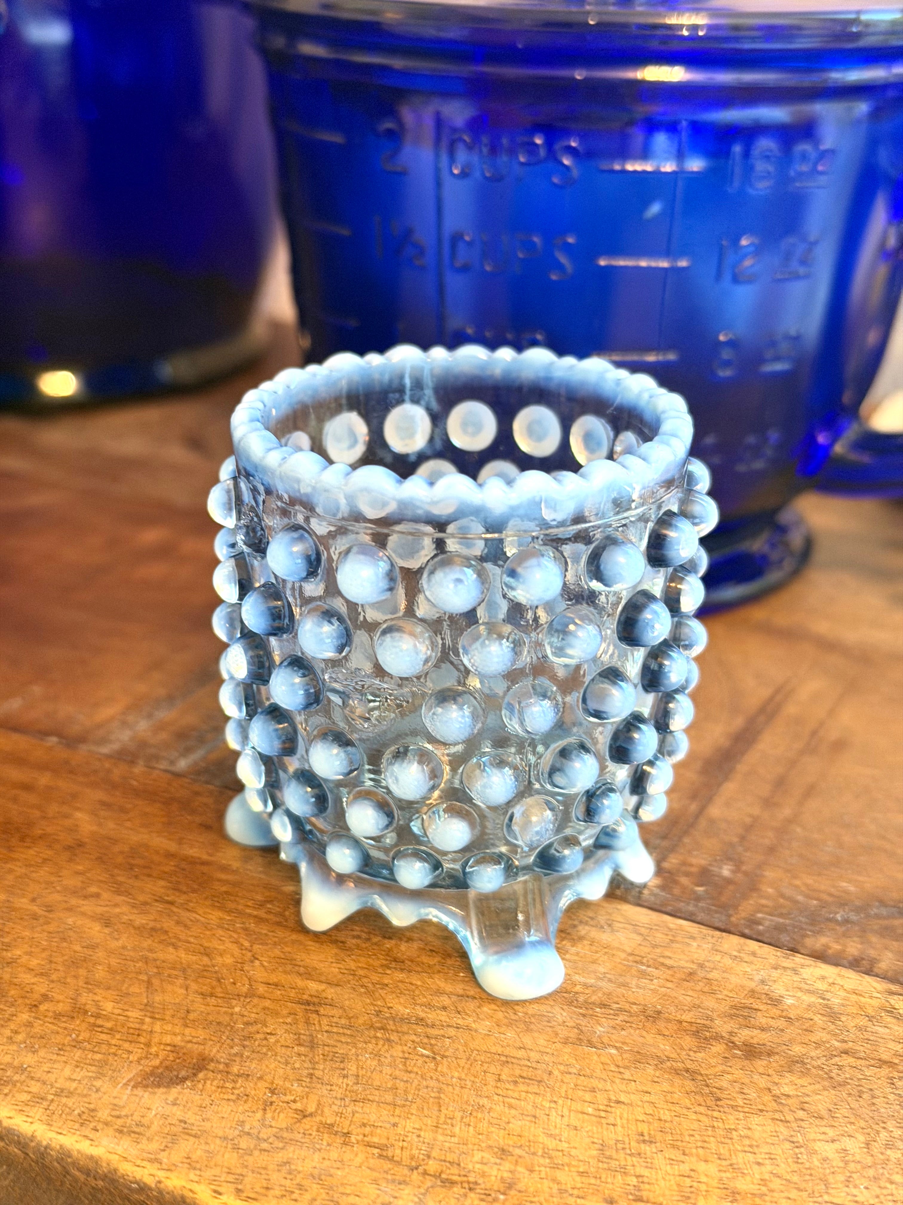 Blue Hobnail Opalescent Toothpick Holder / Mini Vase Vintage