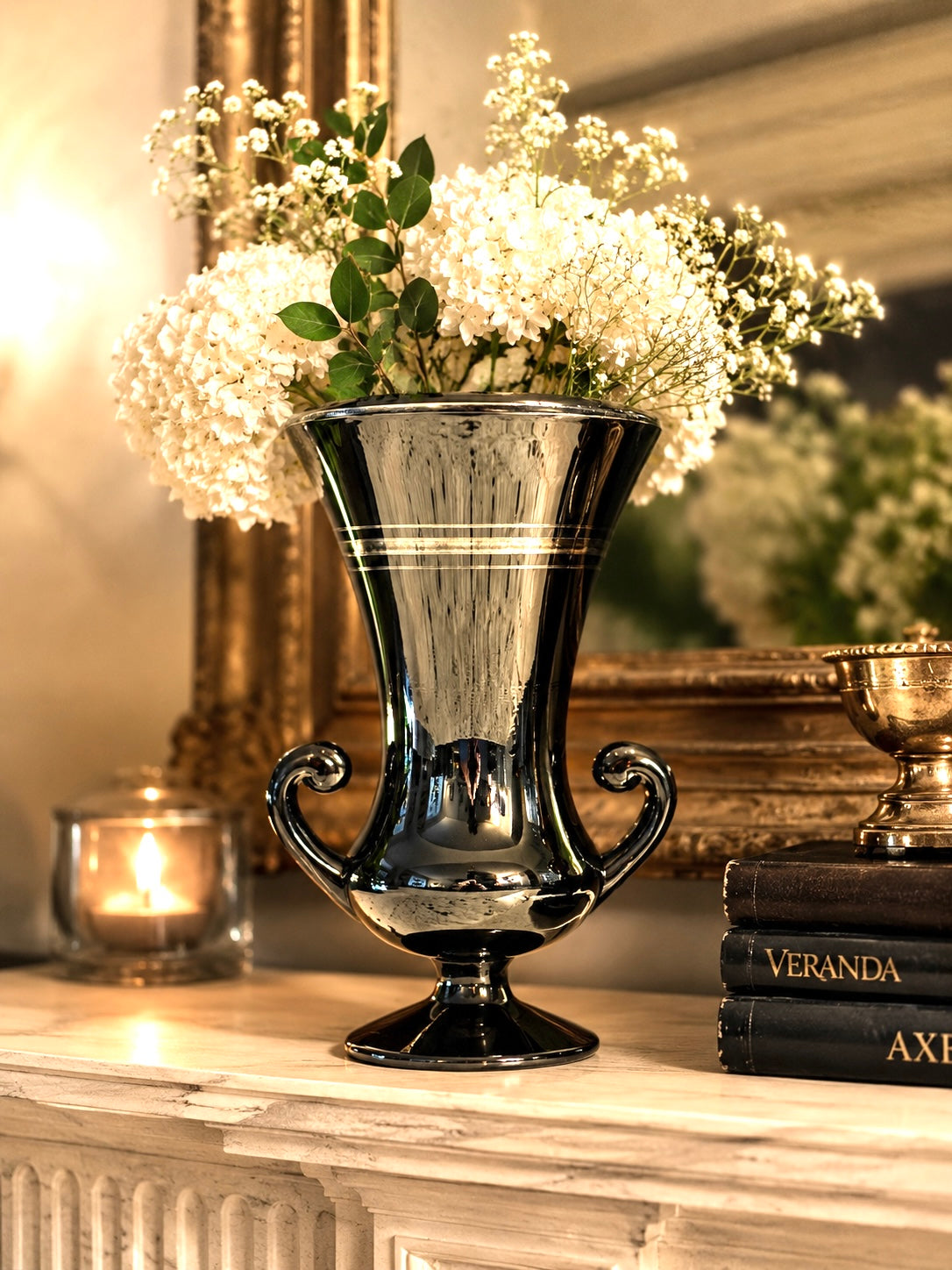 Black Amethyst Glass Trophy Vase With Silver Overlay Handles