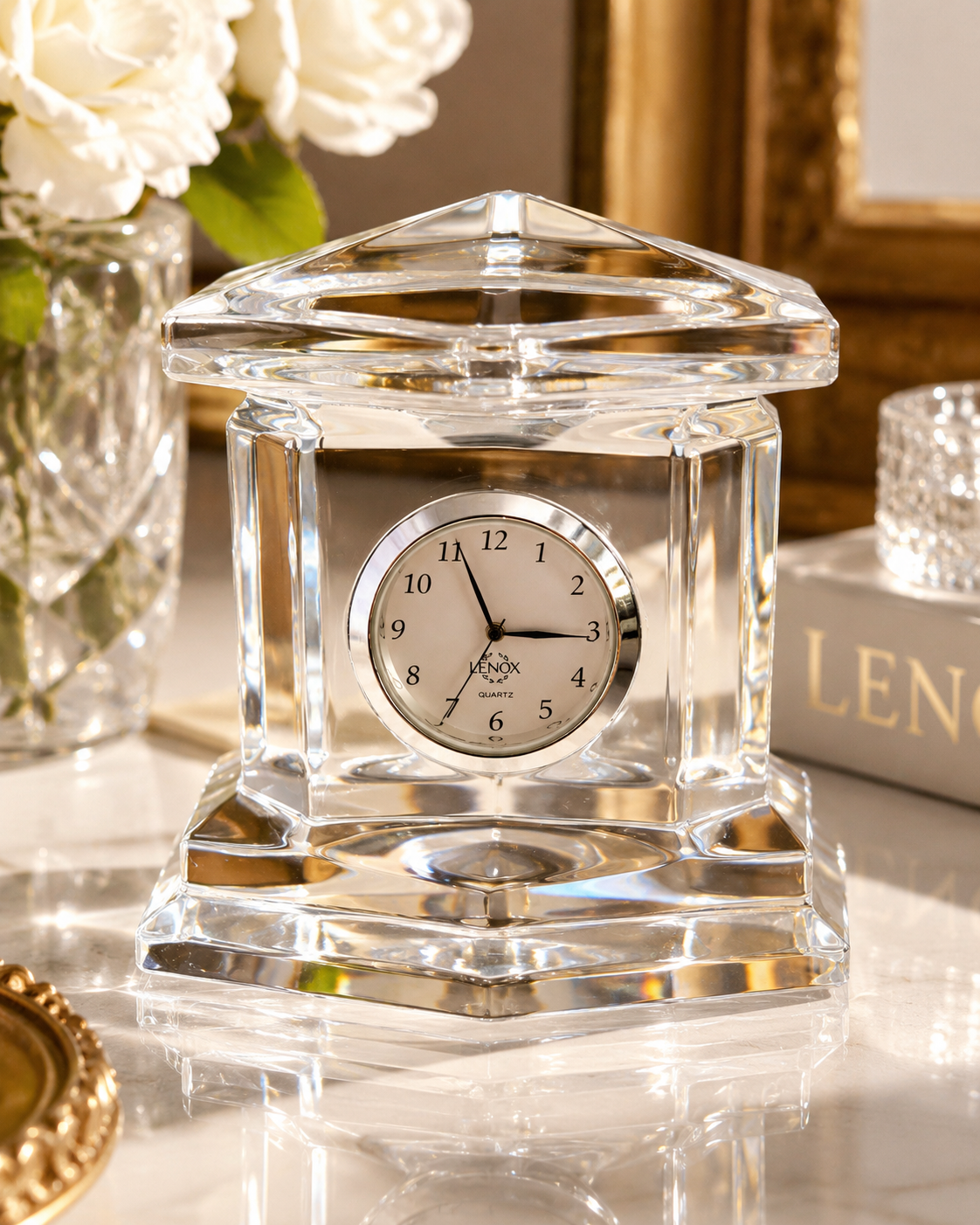 Lenox Crystal Quartz Desk Clock Geometric Clear Glass Mantel Office Decor Vintage