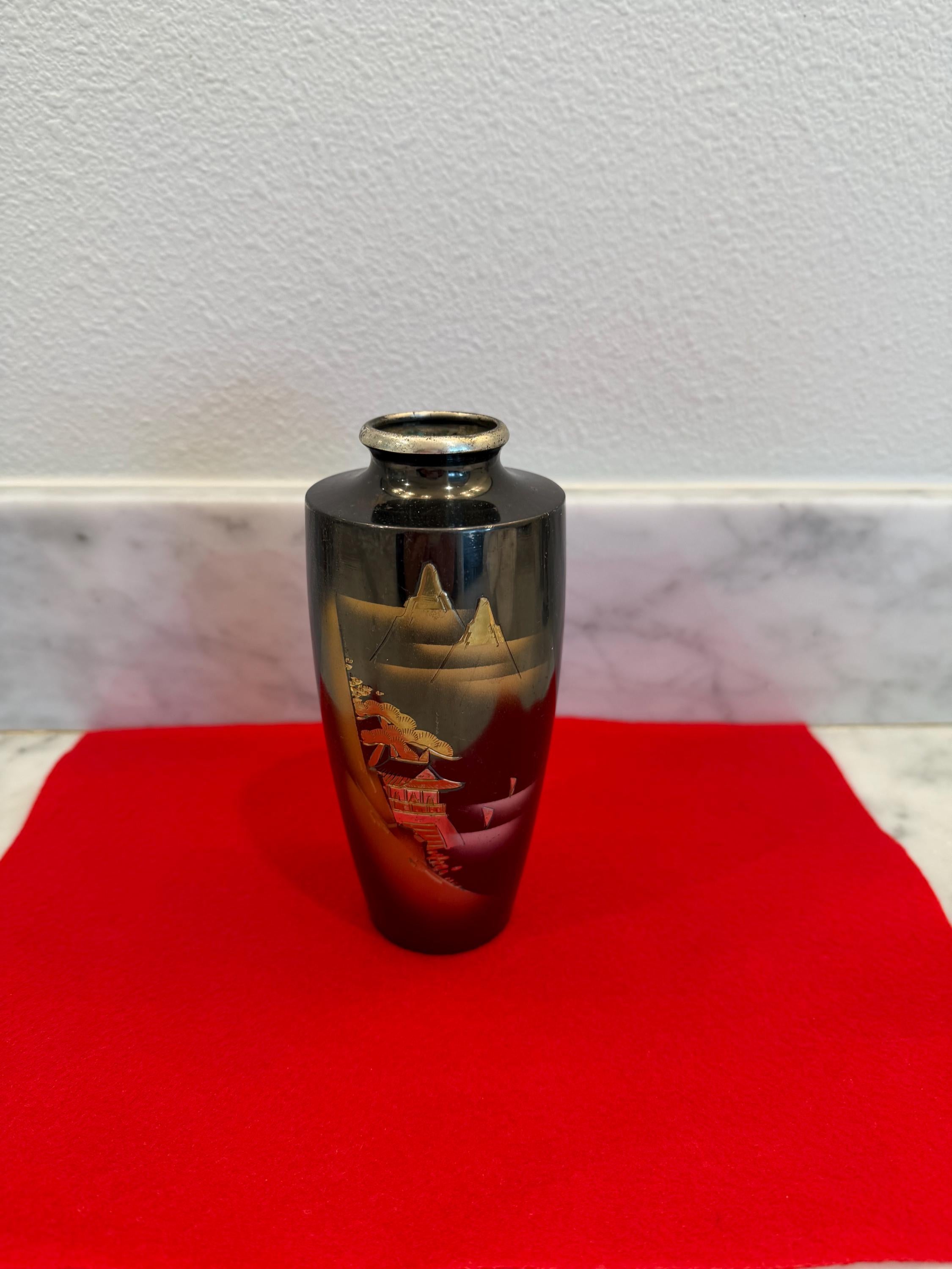 Metal Vase Gilt Landscape Pagoda Mountain c.1900–1940 Japanese