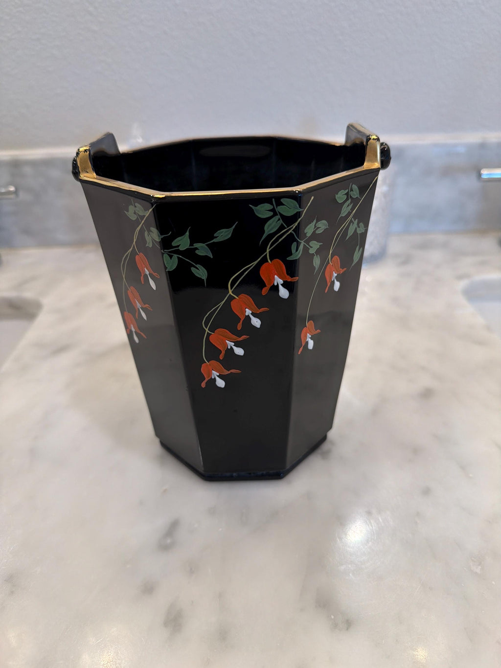 Black Lacquer Umbrella Stand | Hand-Painted Floral Vase
