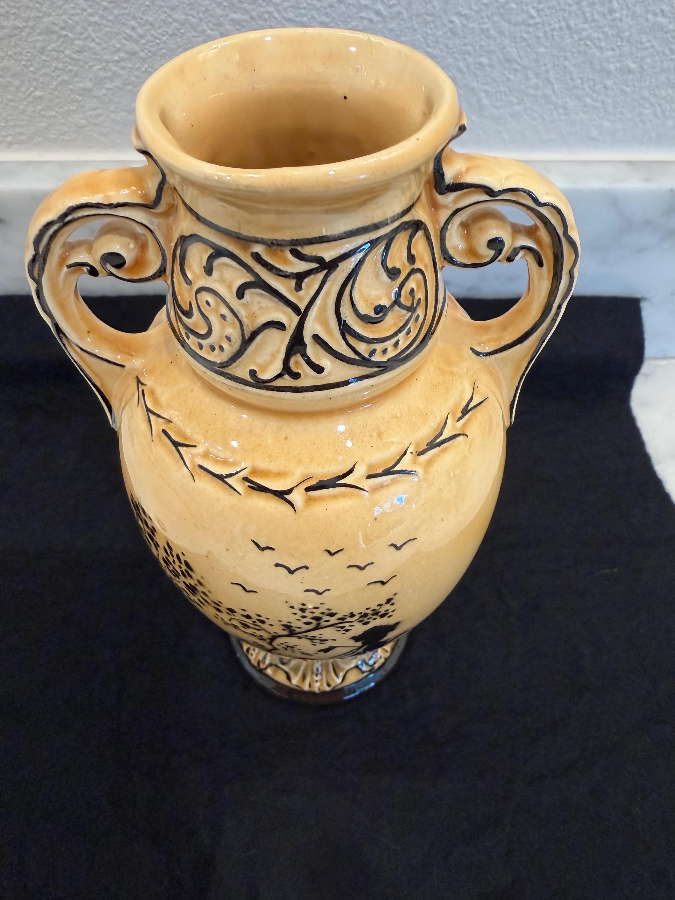 Art Nouveau Style Scenic Ceramic Vase – Hand-Painted Silhouette Design – Signed Czechoslovakia