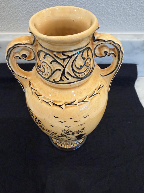 Art Nouveau Style Scenic Ceramic Vase – Hand-Painted Silhouette Design – Signed Czechoslovakia
