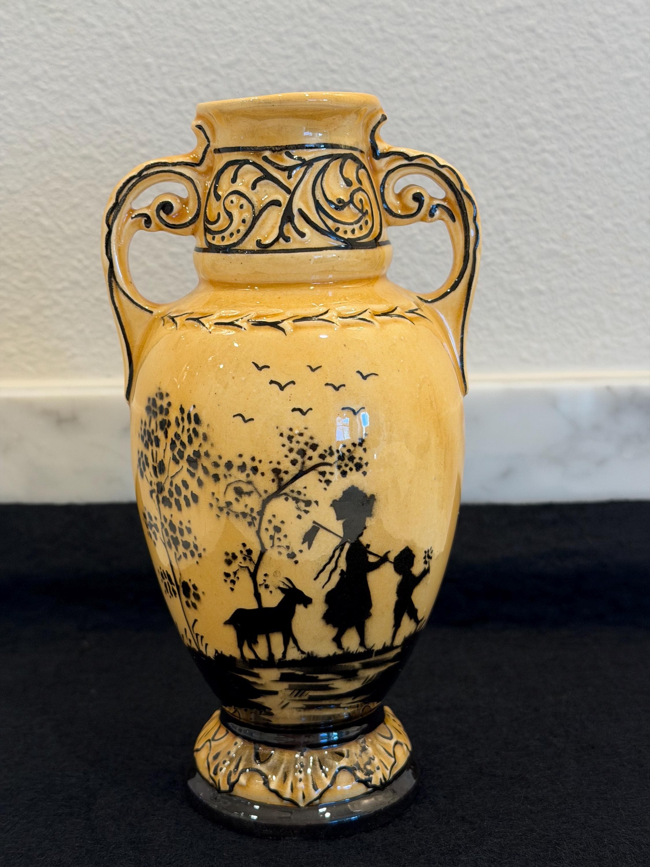 Art Nouveau Style Scenic Ceramic Vase – Hand-Painted Silhouette Design – Signed Czechoslovakia