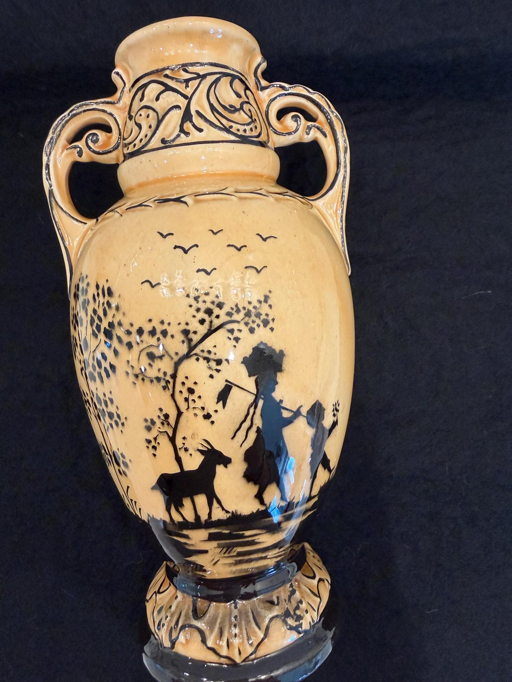Art Nouveau Style Scenic Ceramic Vase – Hand-Painted Silhouette Design – Signed Czechoslovakia
