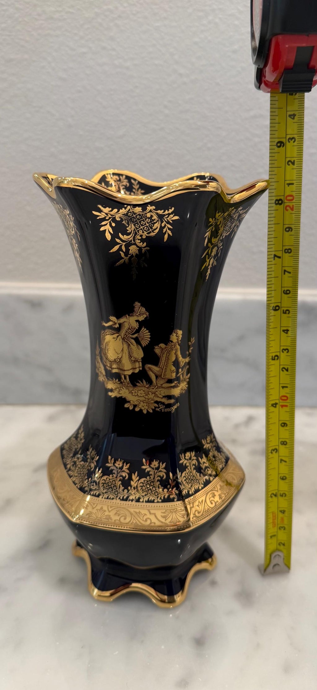 Limoges Cobalt Blue Porcelain Vase and Teacup Set – 24K Gold Gilt Courting Scene