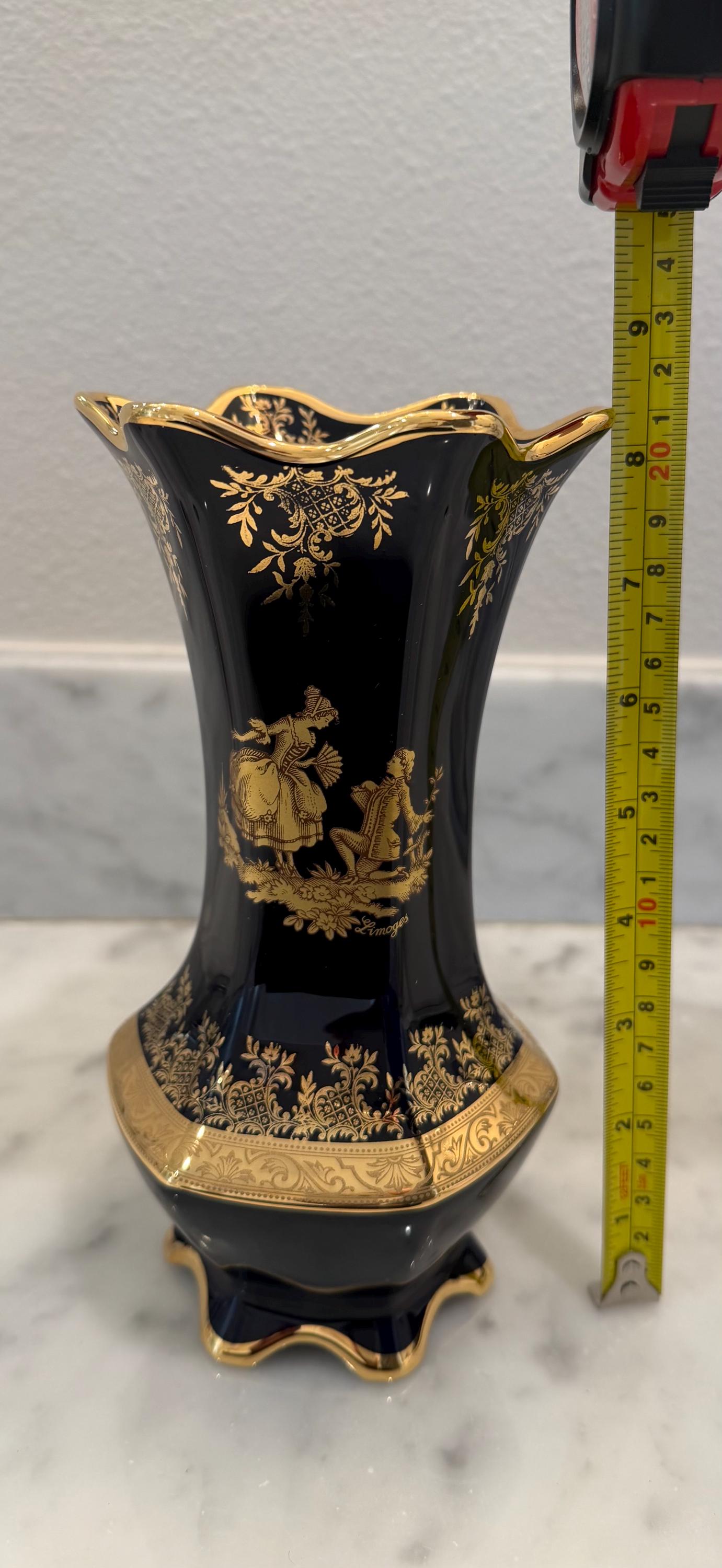 Limoges Cobalt Blue Porcelain Vase and Teacup Set – 24K Gold Gilt Courting Scene