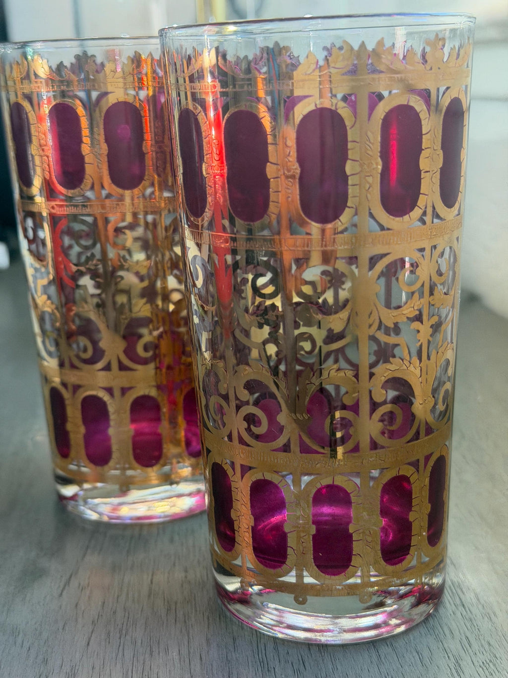 Gold & Amethyst Highball Glasses – Mid-Century Hollywood Regency – Set of 2