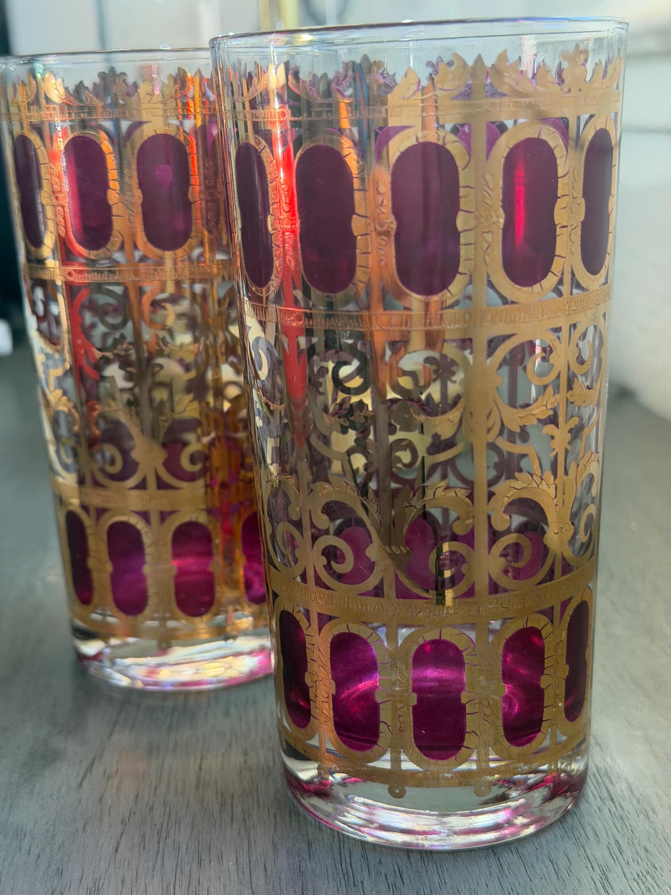 Gold & Amethyst Highball Glasses – Mid-Century Hollywood Regency – Set of 2