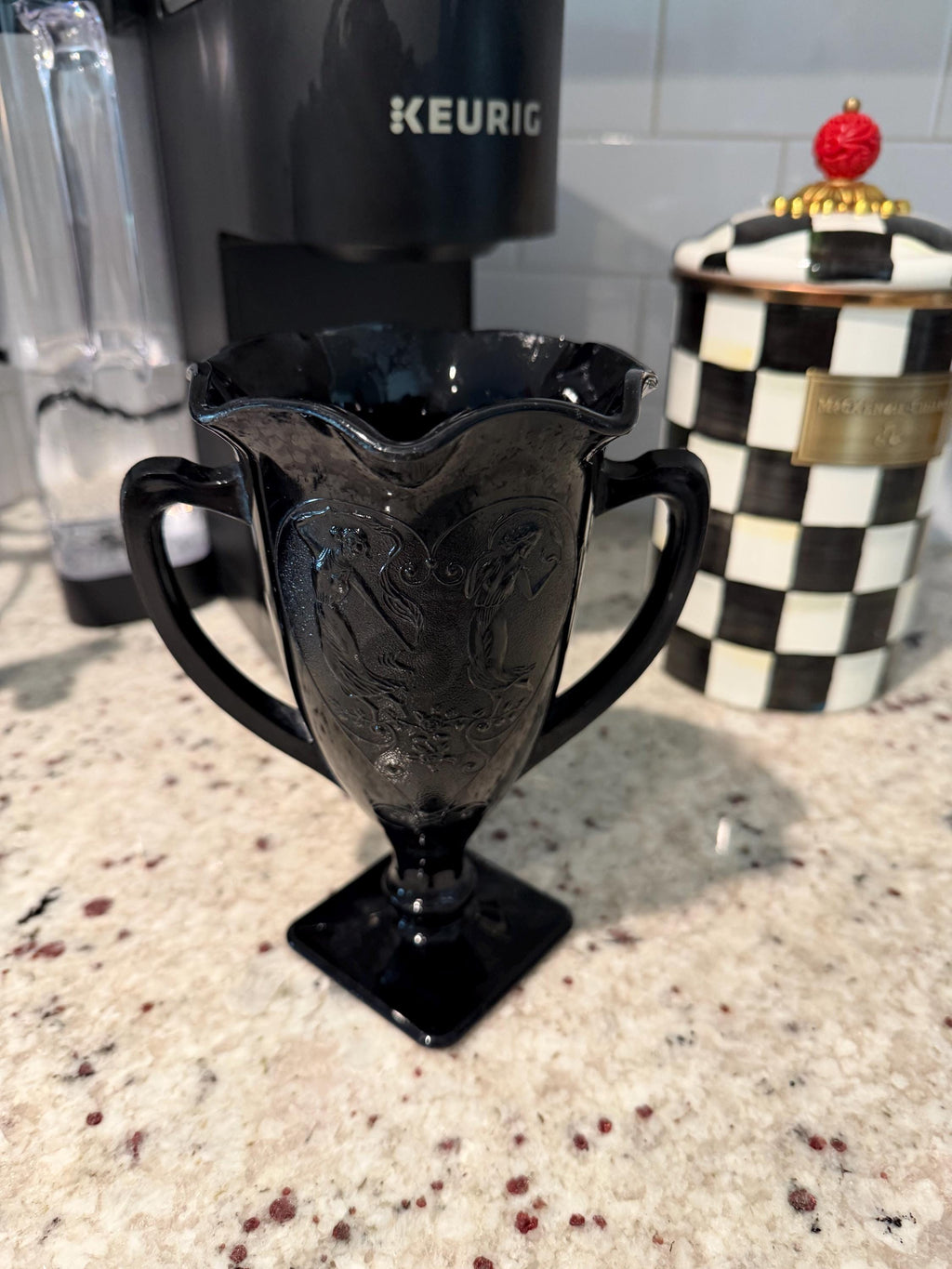 L.E. Smith Black Amethyst Glass Double-Handled Vase – Art Deco Revival