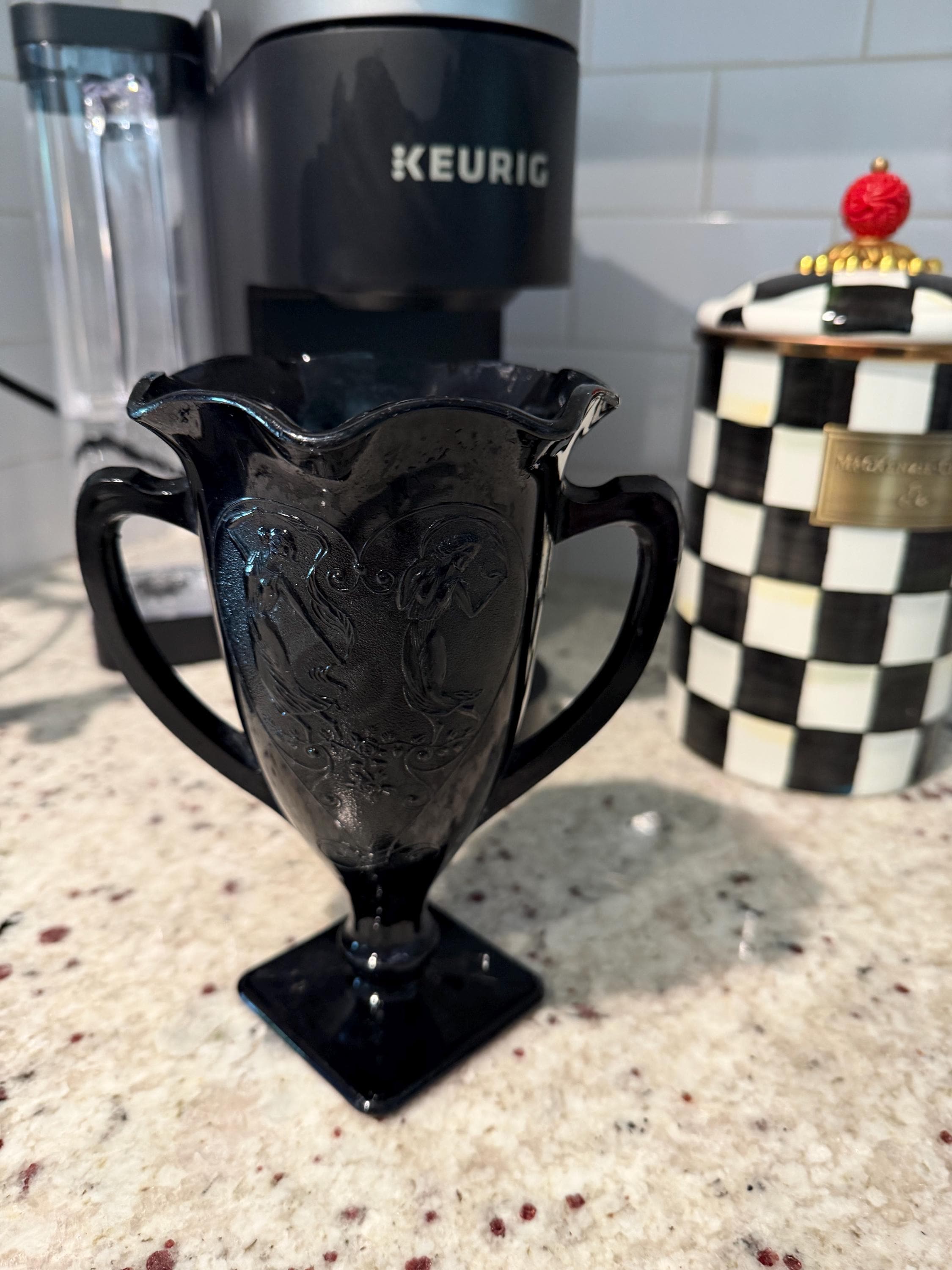L.E. Smith Black Amethyst Glass Double-Handled Vase – Art Deco Revival