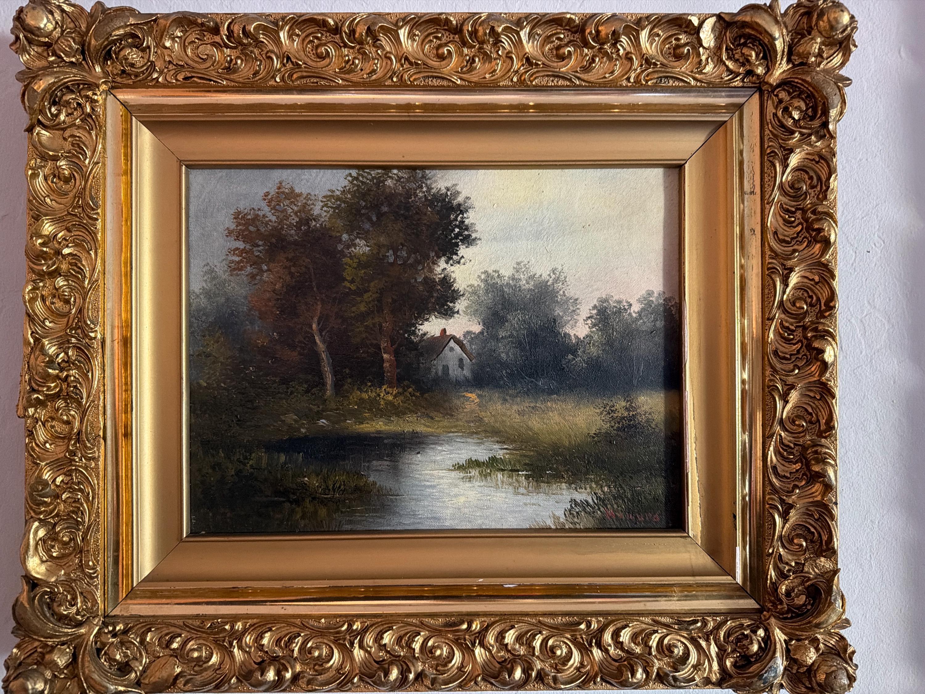 Landscape Oil Painting in Ornate Gilt Frame, c. 1890–1910 Signed European
