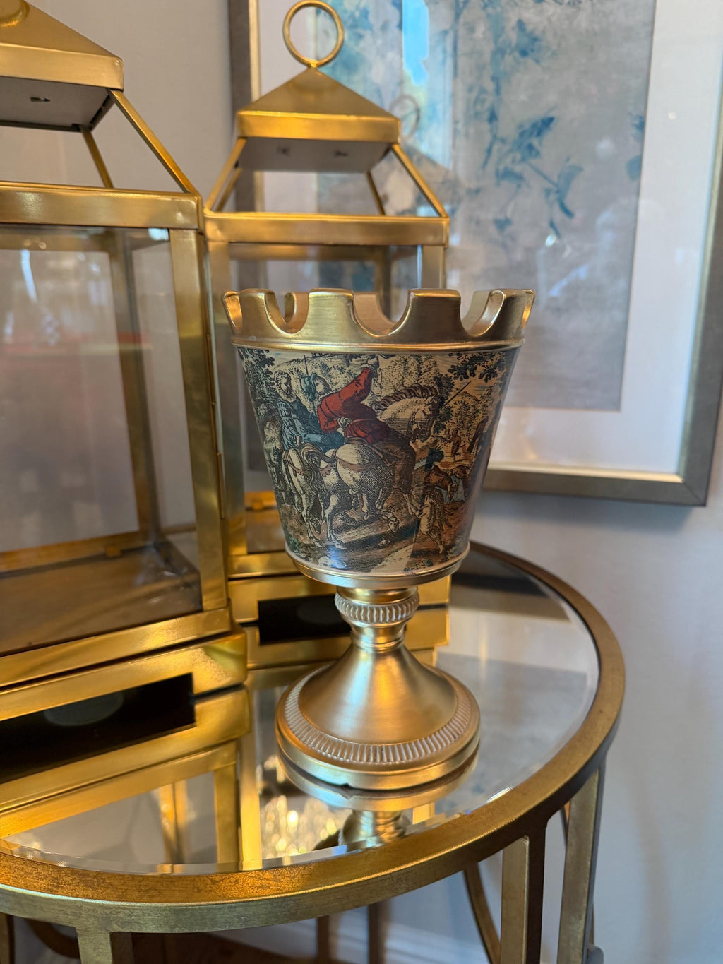 Hand-Painted Toile Urn Vase with Gilded Metal Base & Rim