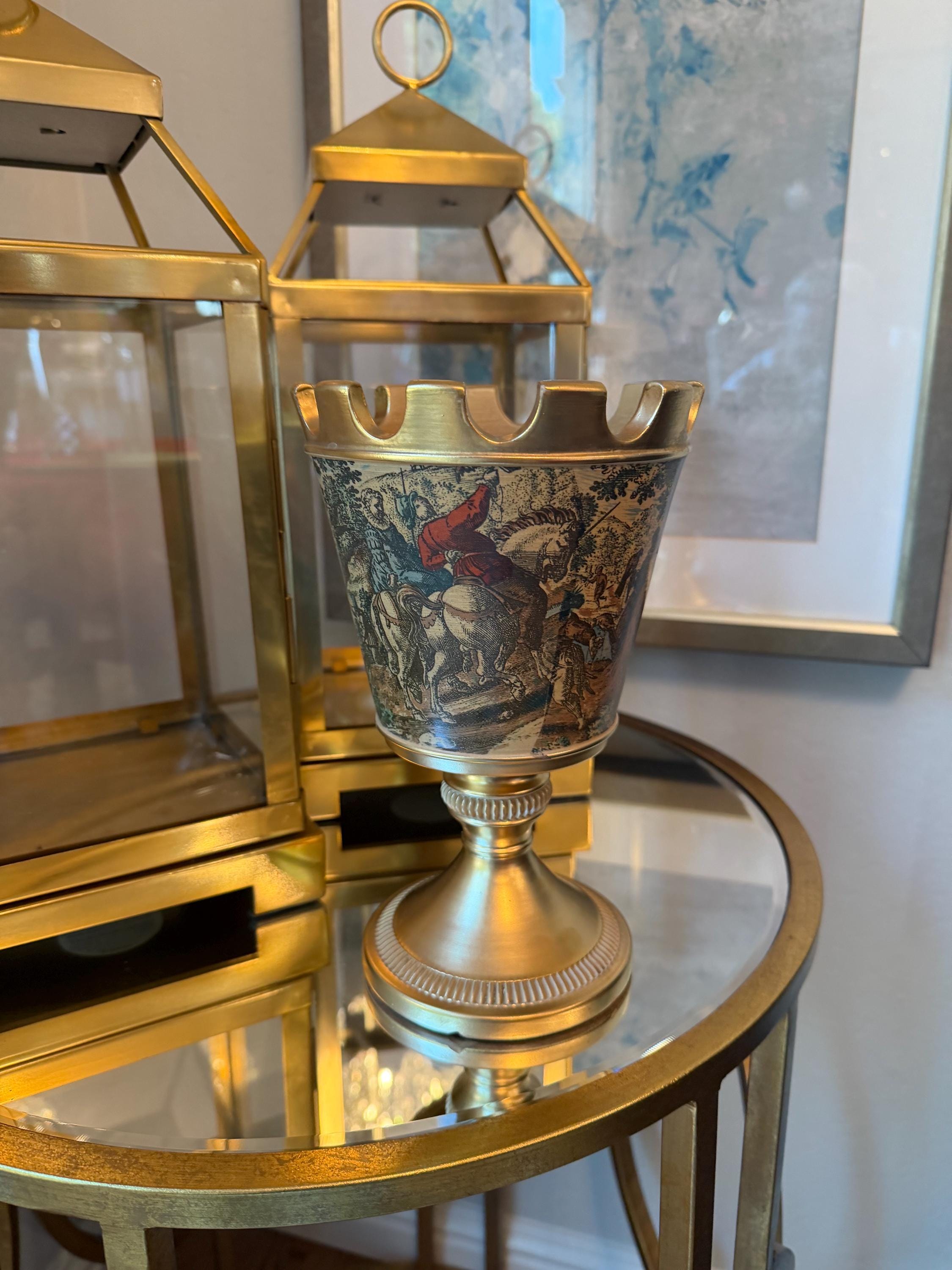 Hand-Painted Toile Urn Vase with Gilded Metal Base & Rim
