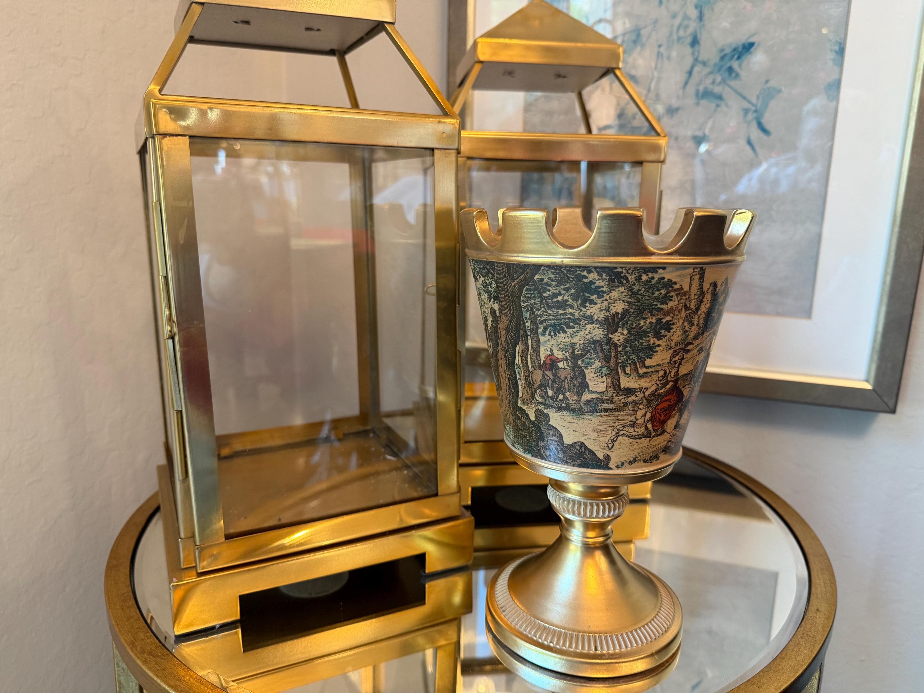 Hand-Painted Toile Urn Vase with Gilded Metal Base & Rim