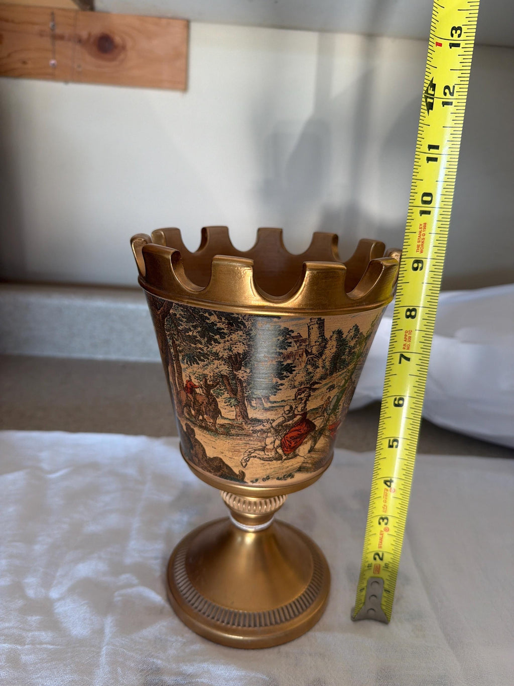Hand-Painted Toile Urn Vase with Gilded Metal Base & Rim
