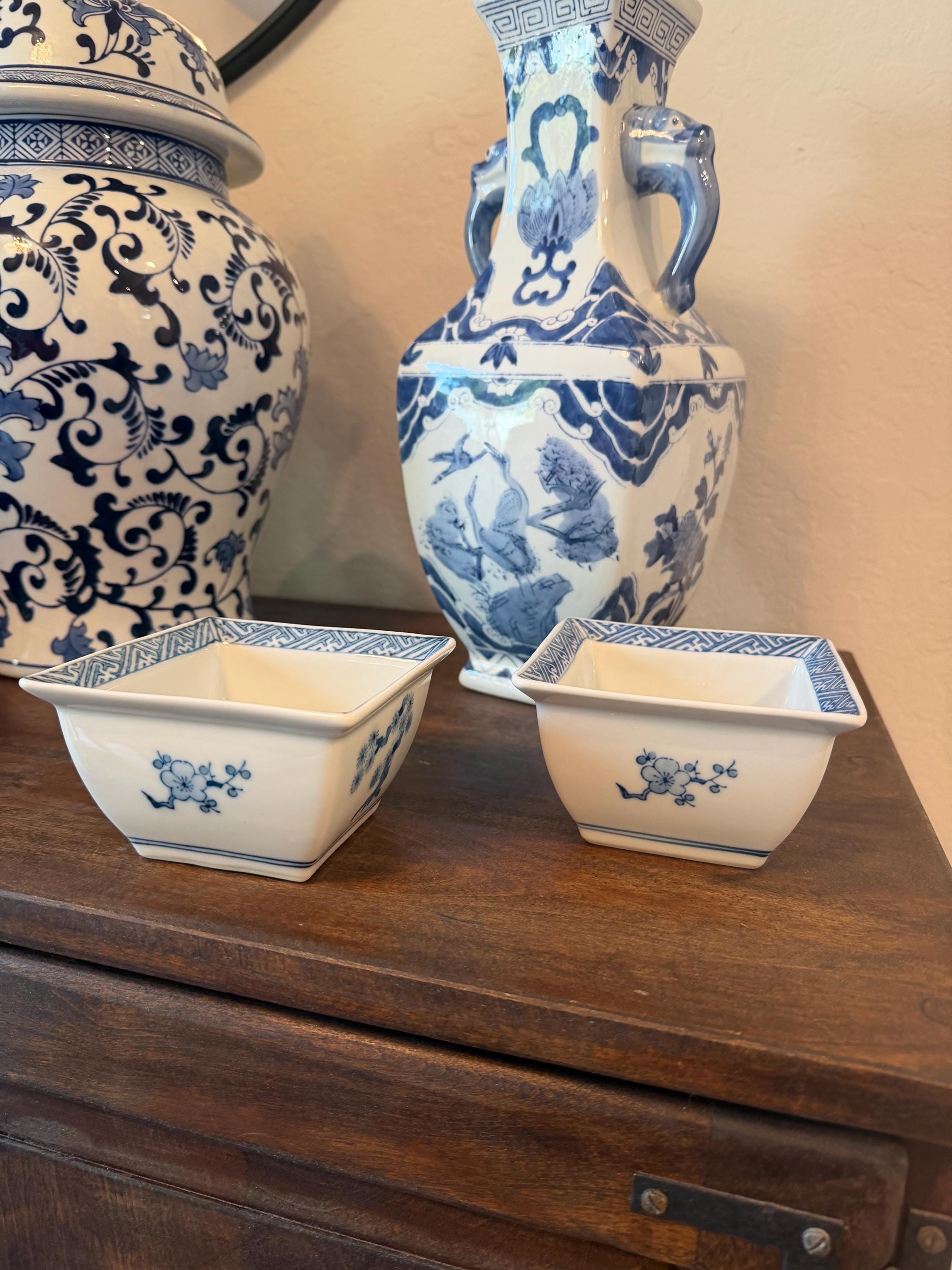 Pair of Blue & White Porcelain Square Dishes | Asian Style Floral Motif | Signed Bases