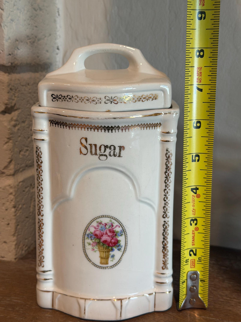 Porcelain Sugar Canister with Floral Medallion & Gold Gilt Accents