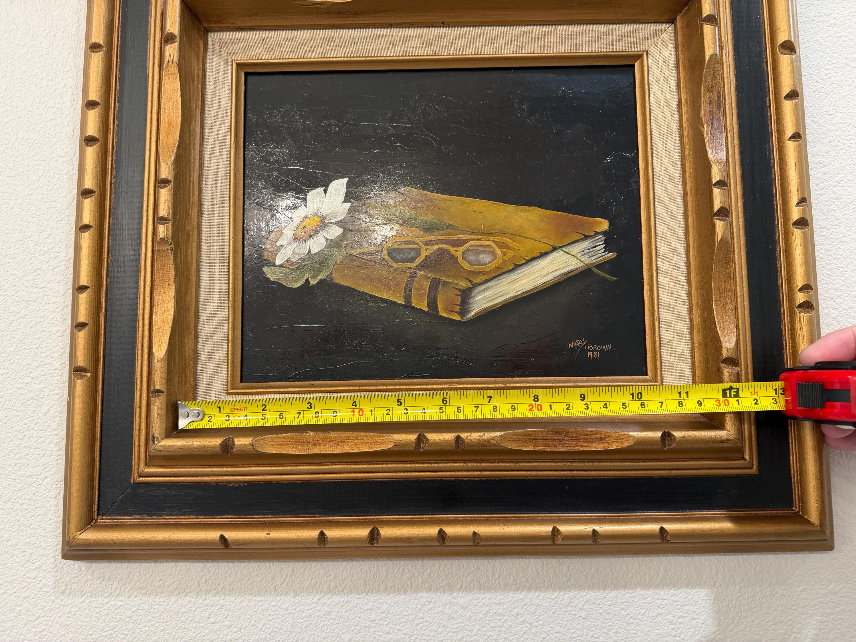 Original Oil Painting Trompe L’Oeil Book & Glasses Signed Mary Browning 1981