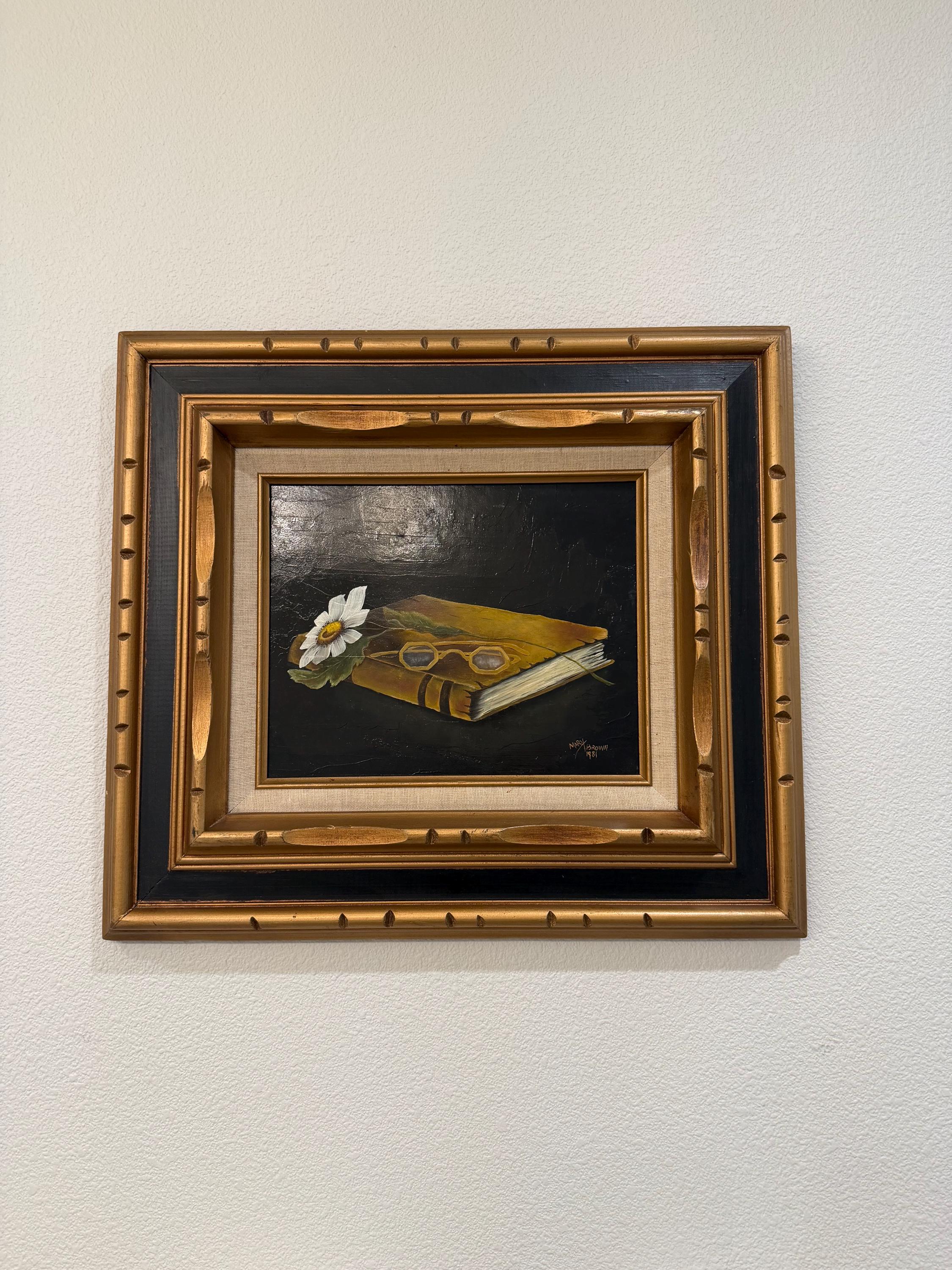 Original Oil Painting Trompe L’Oeil Book & Glasses Signed Mary Browning 1981