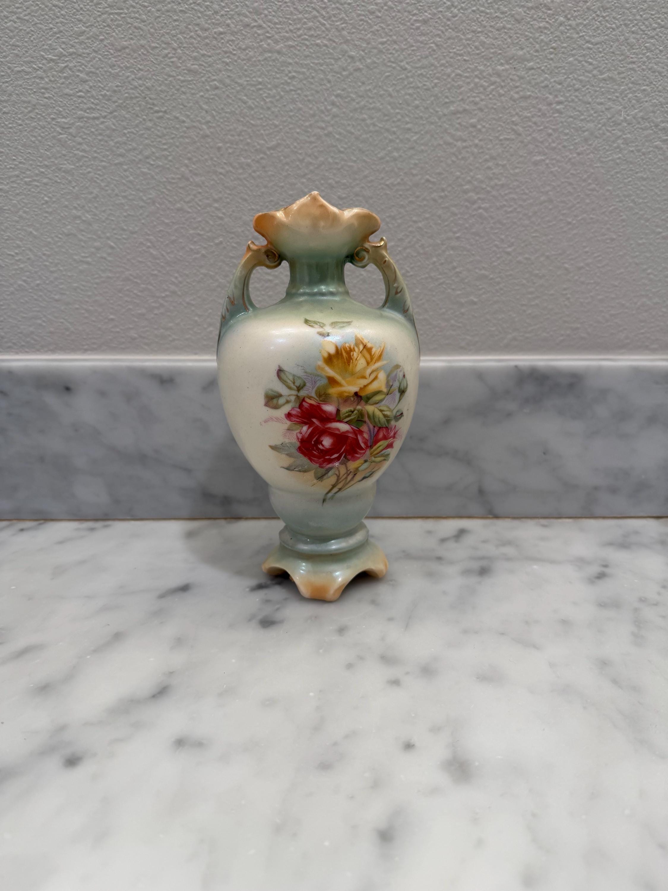 Victorian Floral Porcelain Vase Antique Hand Painted Rose Vase c. 1900