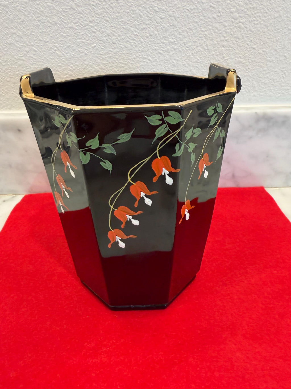 Black Lacquer Umbrella Stand | Hand-Painted Floral Vase