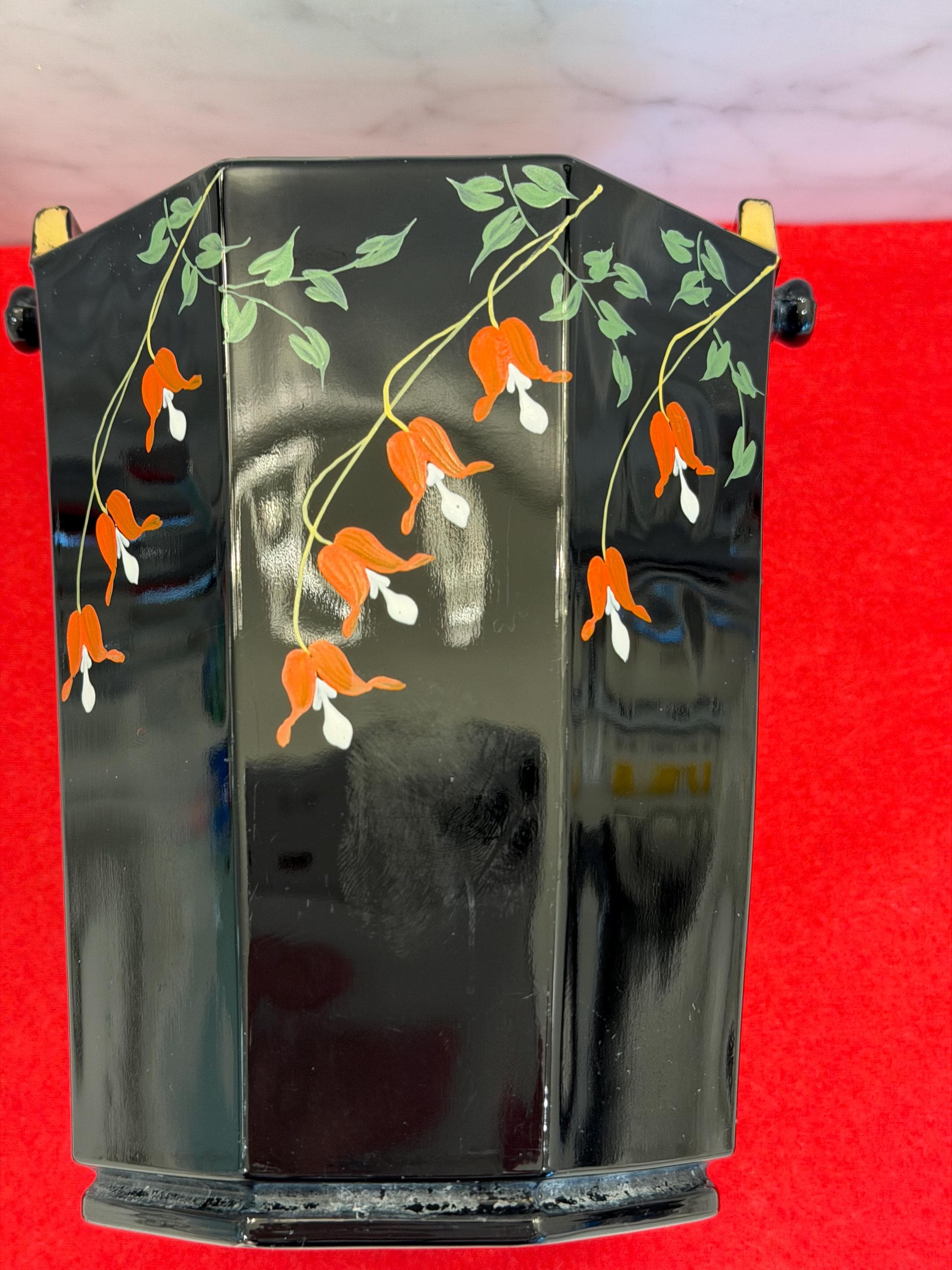 Black Lacquer Umbrella Stand | Hand-Painted Floral Vase