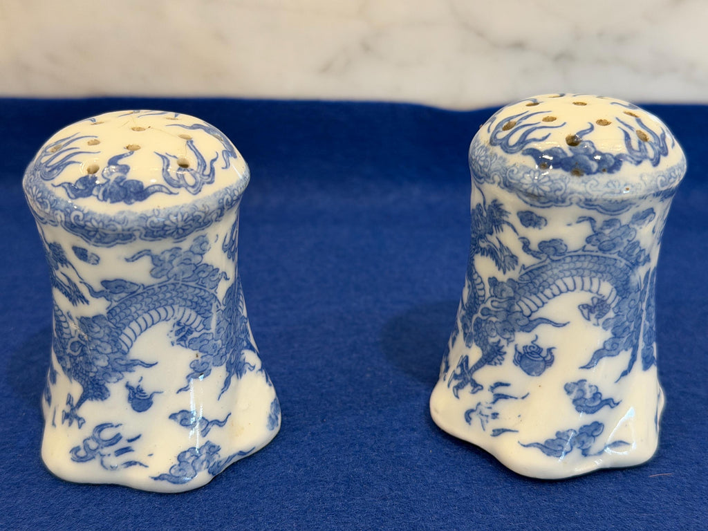 Blue & White Porcelain Dragon Salt and Pepper Shakers – Chinese Style with Cork Stoppers