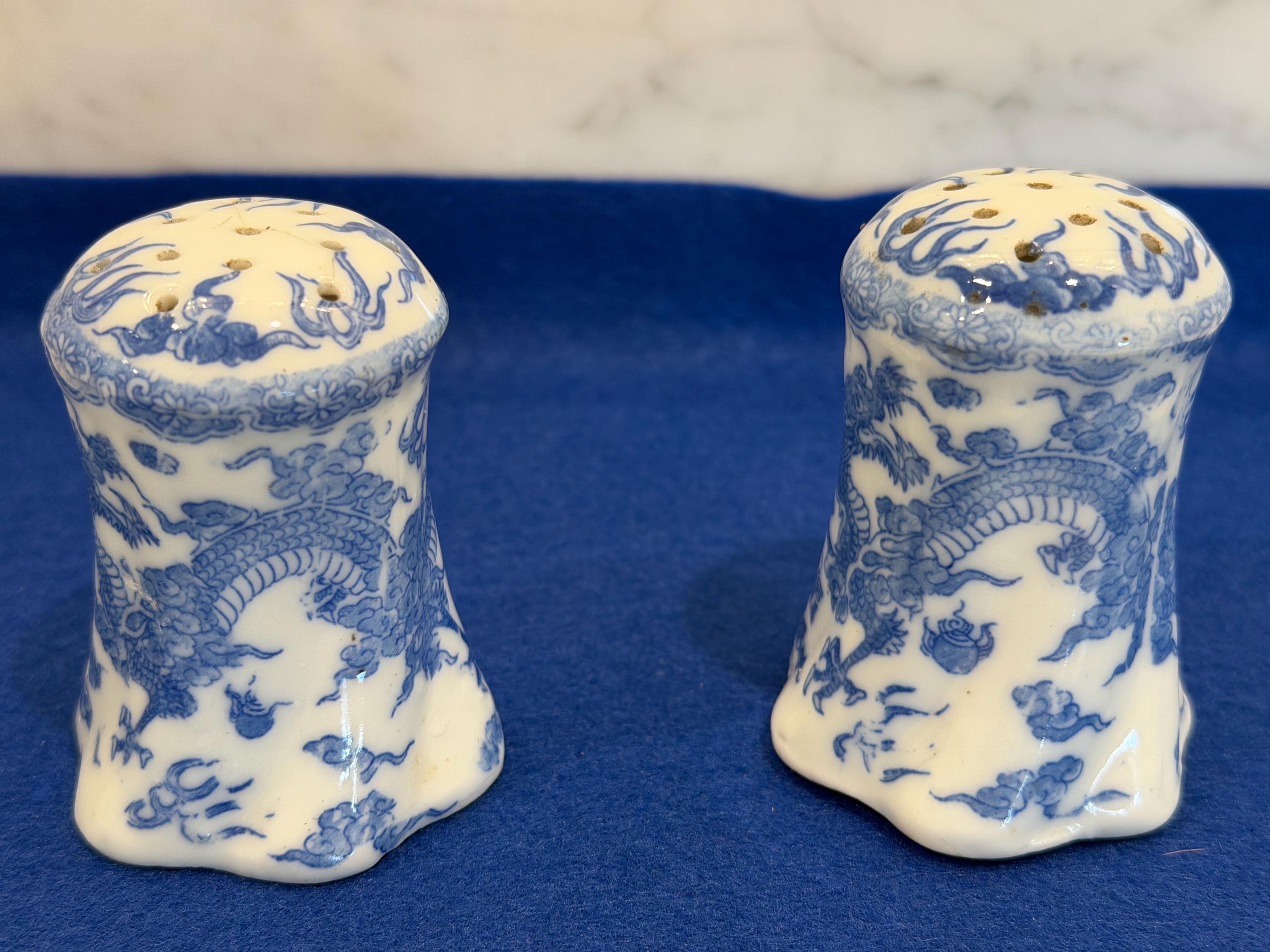 Blue & White Porcelain Dragon Salt and Pepper Shakers – Chinese Style with Cork Stoppers