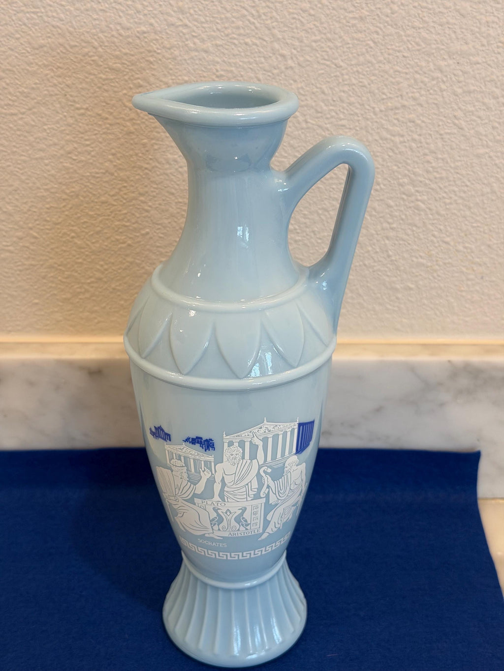 Blue Jasperware Style Classical Ewer Vase | Neoclassical Greek Motif | Elegant Decorative Jug