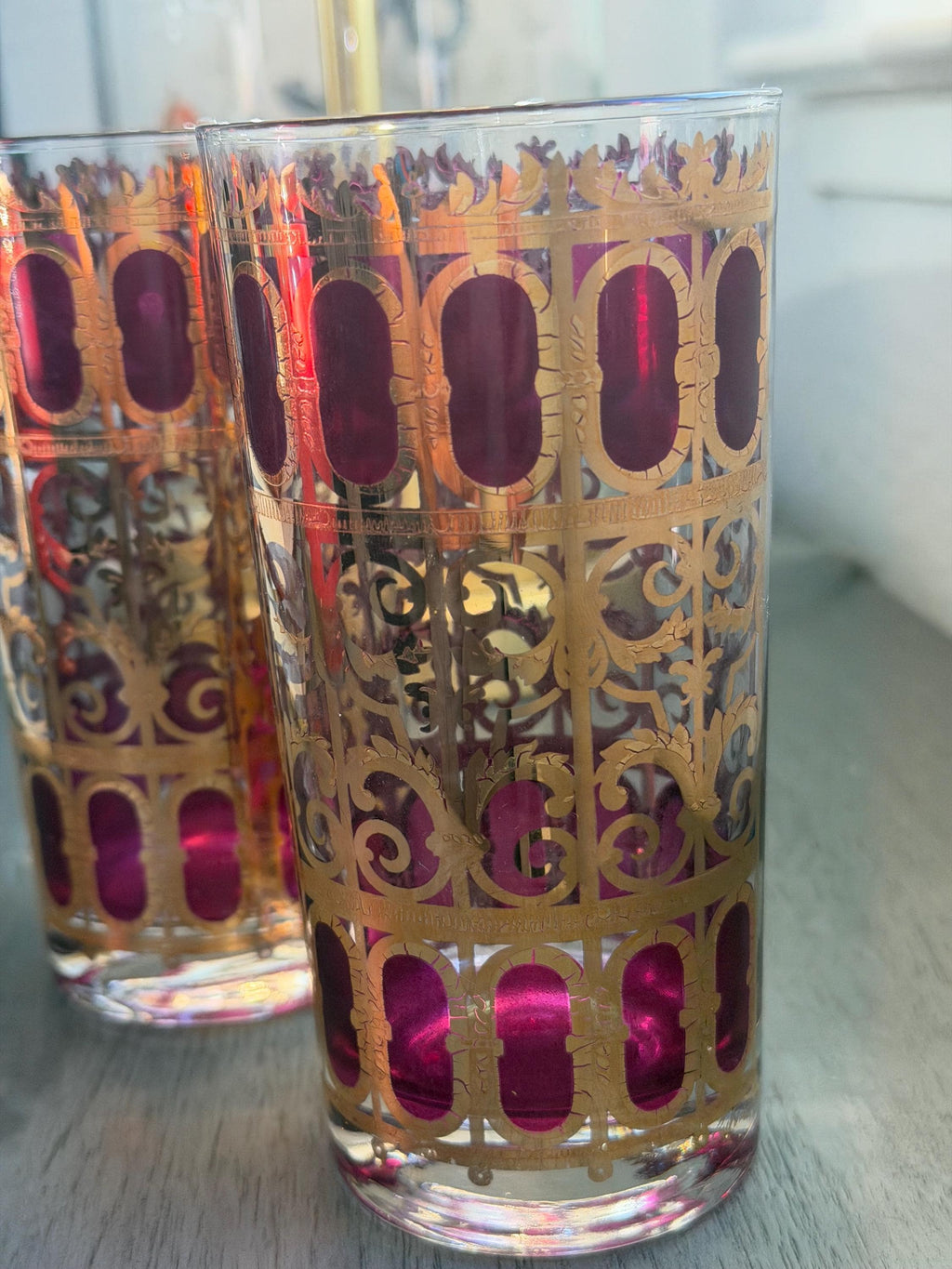Gold & Amethyst Highball Glasses – Mid-Century Hollywood Regency – Set of 2