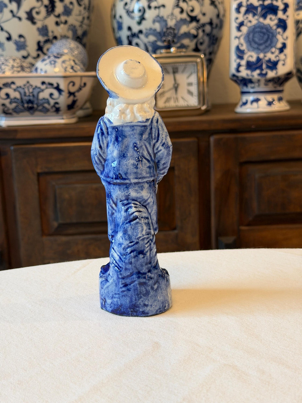 Blue & White Ceramic Figurine with Wheelbarrow – Victorian Style Decorative Statue