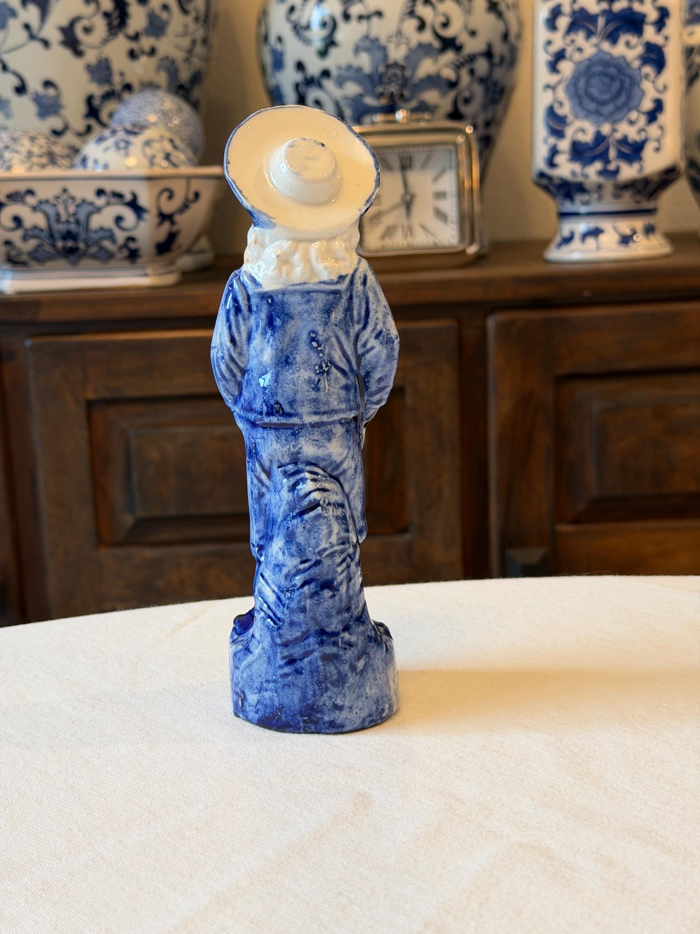 Blue & White Ceramic Figurine with Wheelbarrow – Victorian Style Decorative Statue