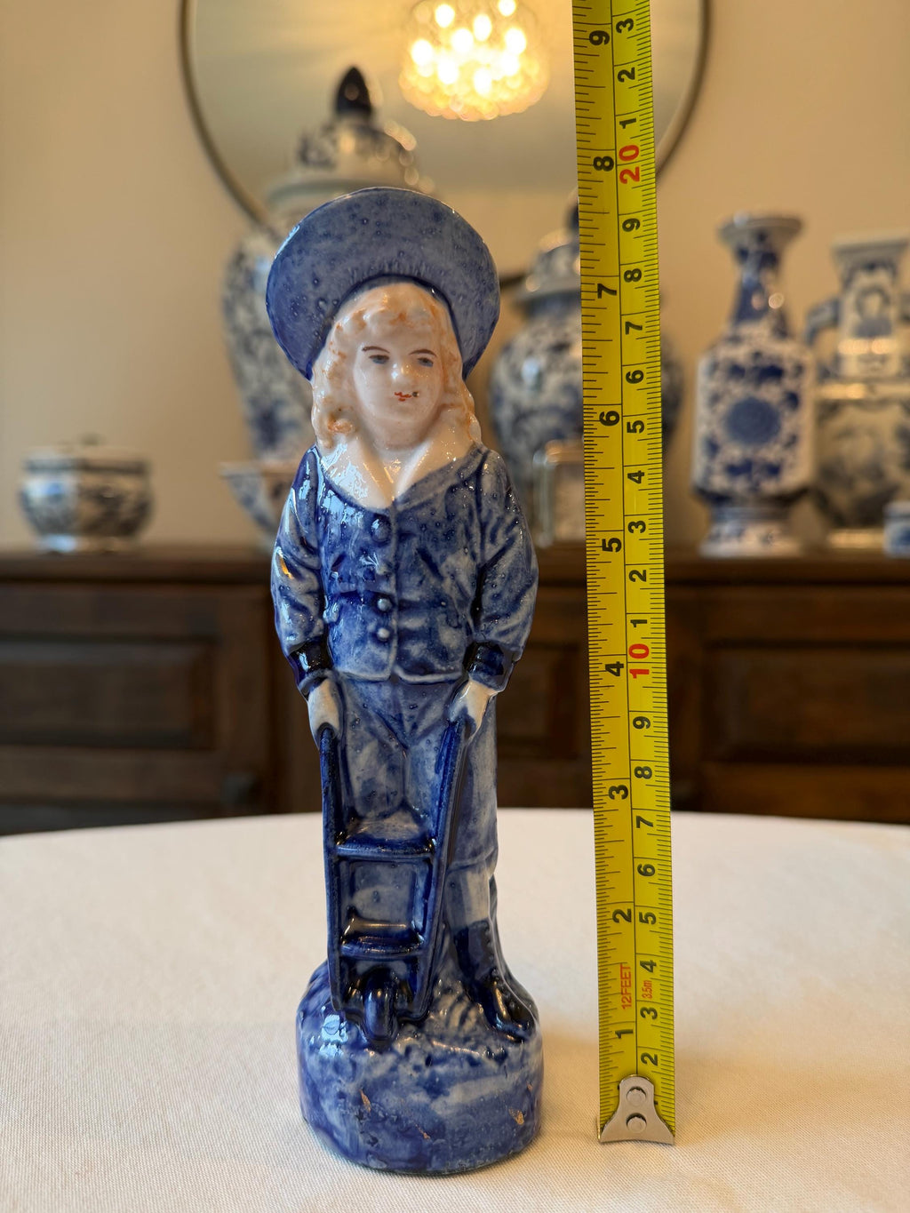 Blue & White Ceramic Figurine with Wheelbarrow – Victorian Style Decorative Statue