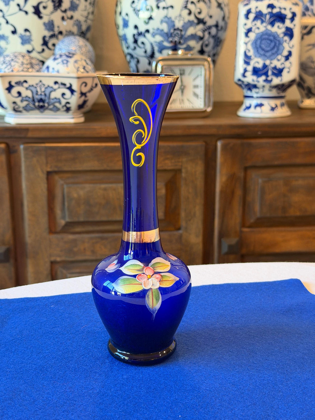 Cobalt Blue Hand-Painted Art Glass Bud Vase with Gold Gilt