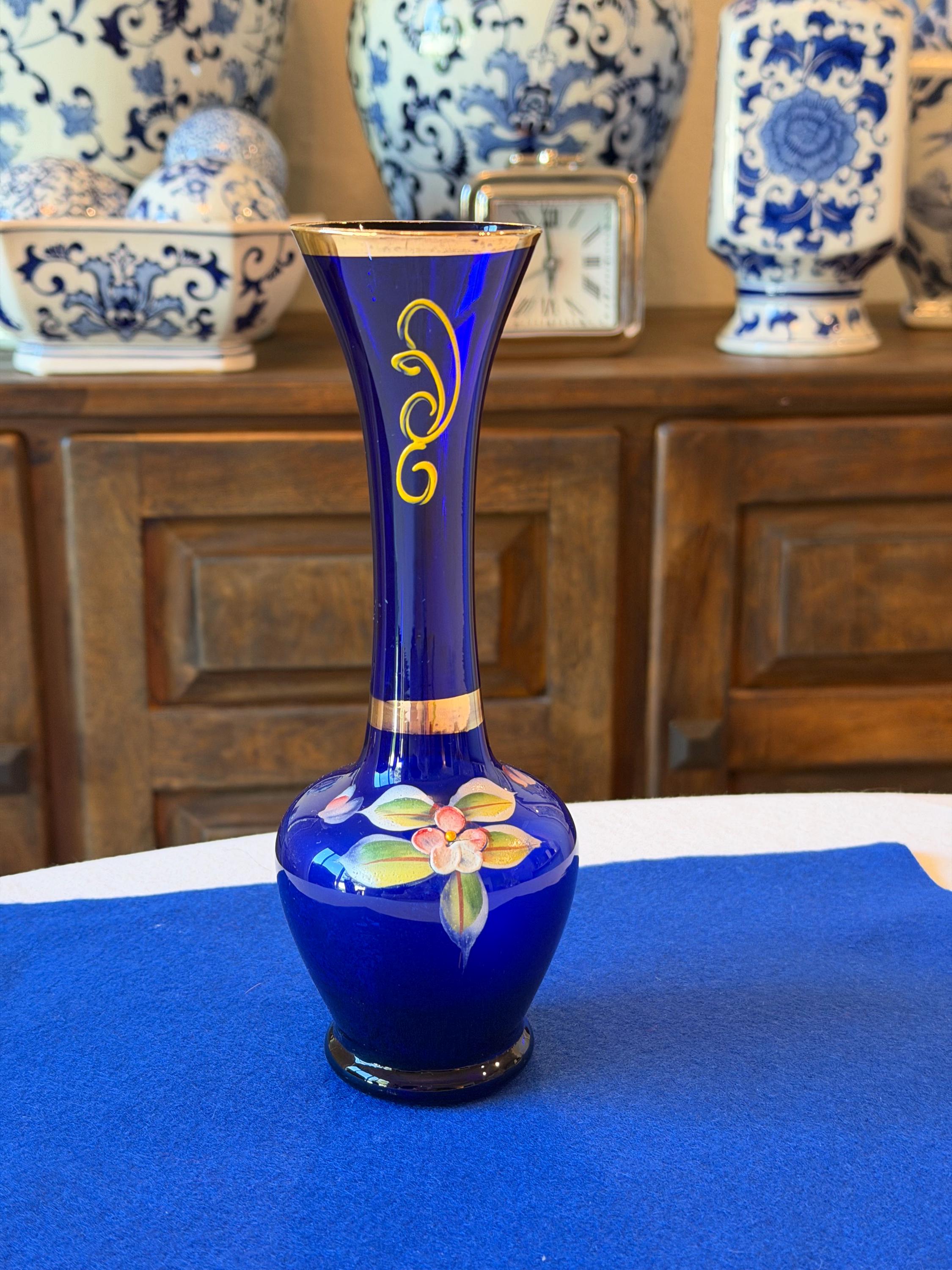 Cobalt Blue Hand-Painted Art Glass Bud Vase with Gold Gilt